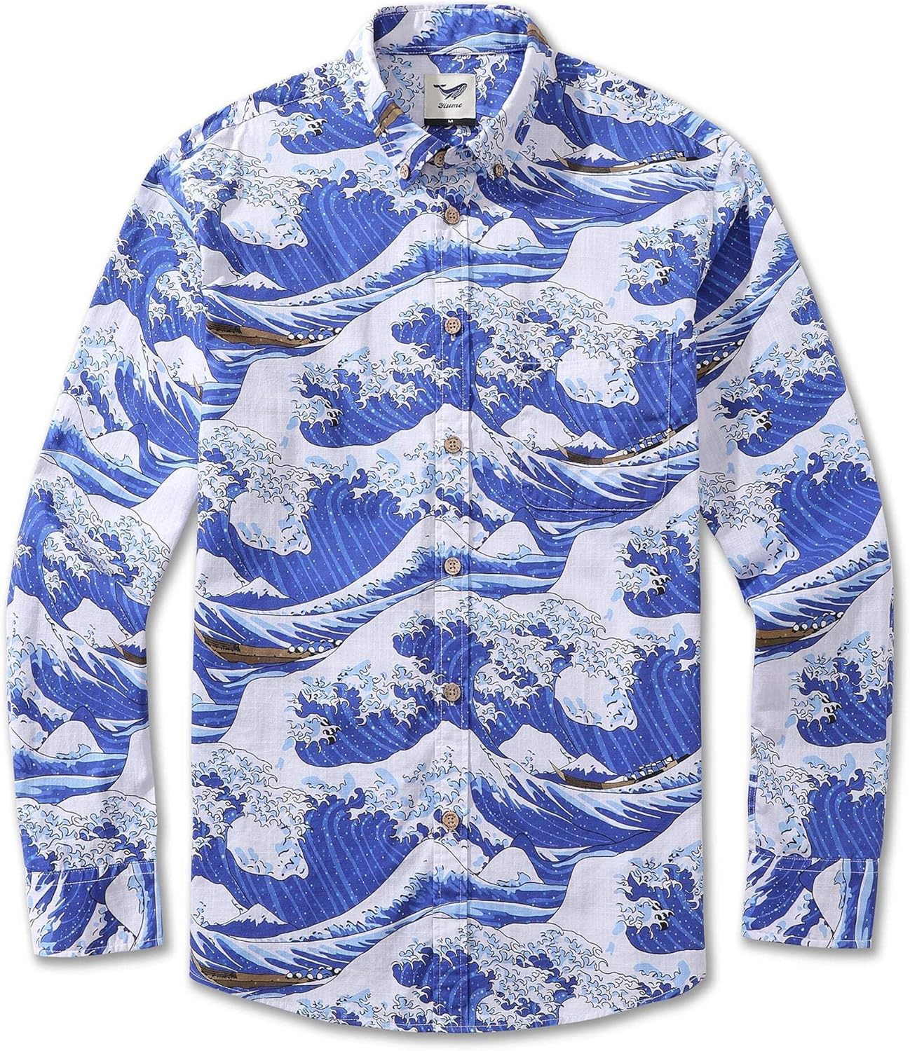Men's Hawaiian Shirt Ocean Waves Japanese Ukiyo-e Print Cotton Button-Down Long Sleeve Aloha Shirts