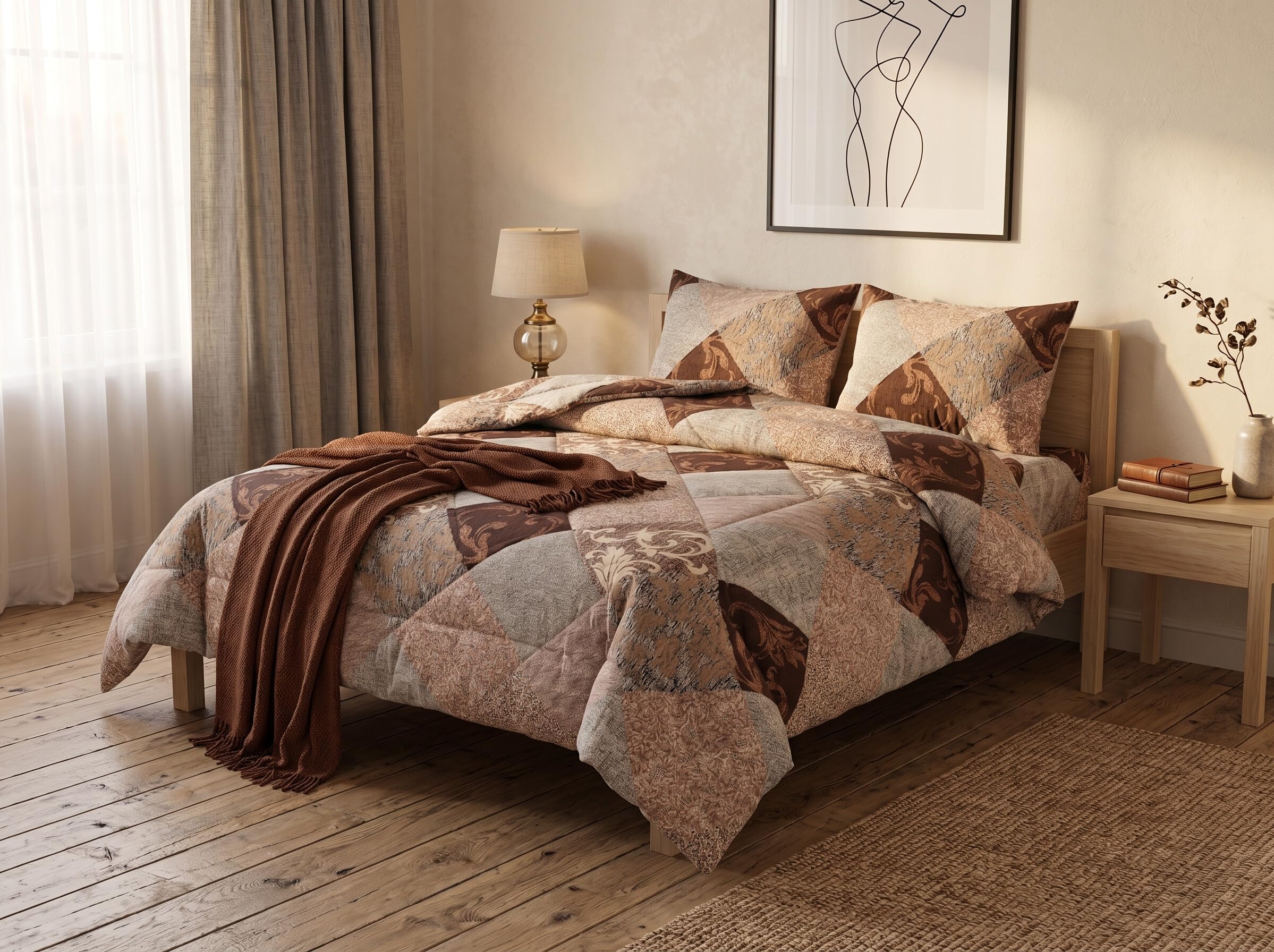 Signature Comforter Set Diamond Patchwork Floral Pattern 3-Piece Quilted Comforter Down-Feel Insert with 4 Corner Tabs Machine Washable (Mocha Patchwork) Brown/Beige - 230 X 150CM-200GSM-image-7