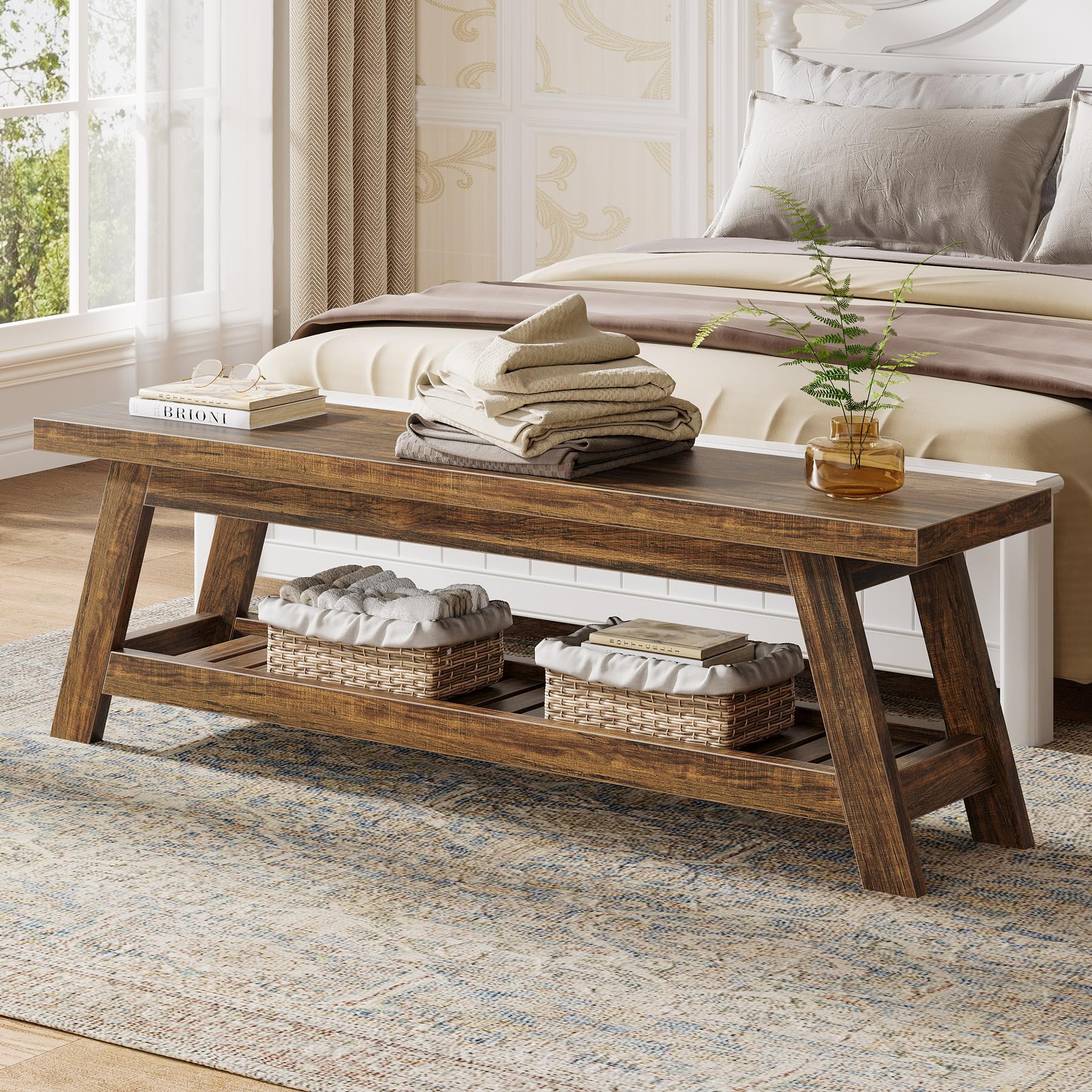 Tribesigns Grande panca da ingresso in legno da 140 cm, con scarpiera, 2 ripiani, rustica, marrone, stretta panca con ripiani aperti, per ingresso, camera da letto, fango