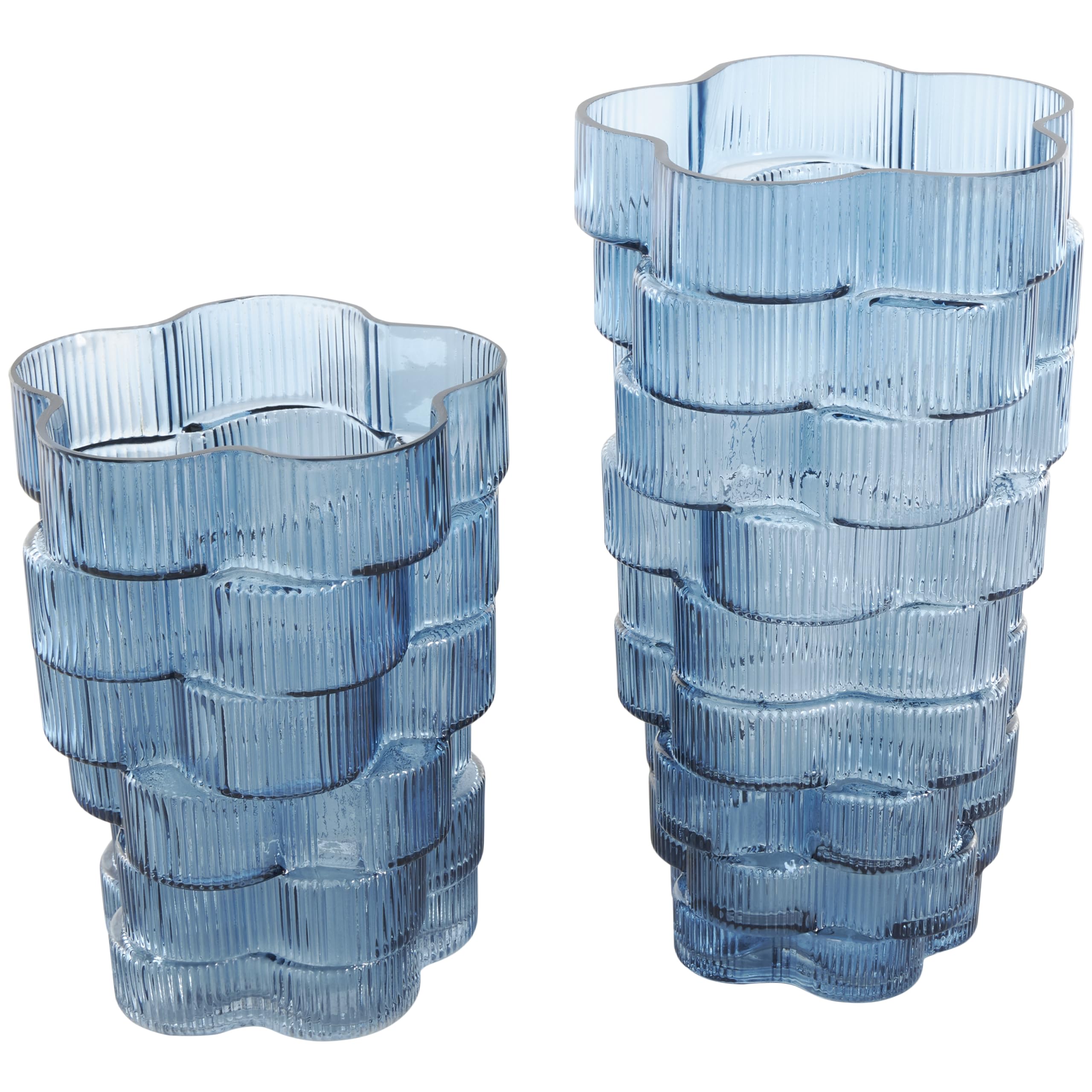 Deco 79 Glass Decorative Vase Stacked Flower Shape Centerpiece Vases, Set of 2 Flower Vases for Home Decoration 12", 9" H, Blue