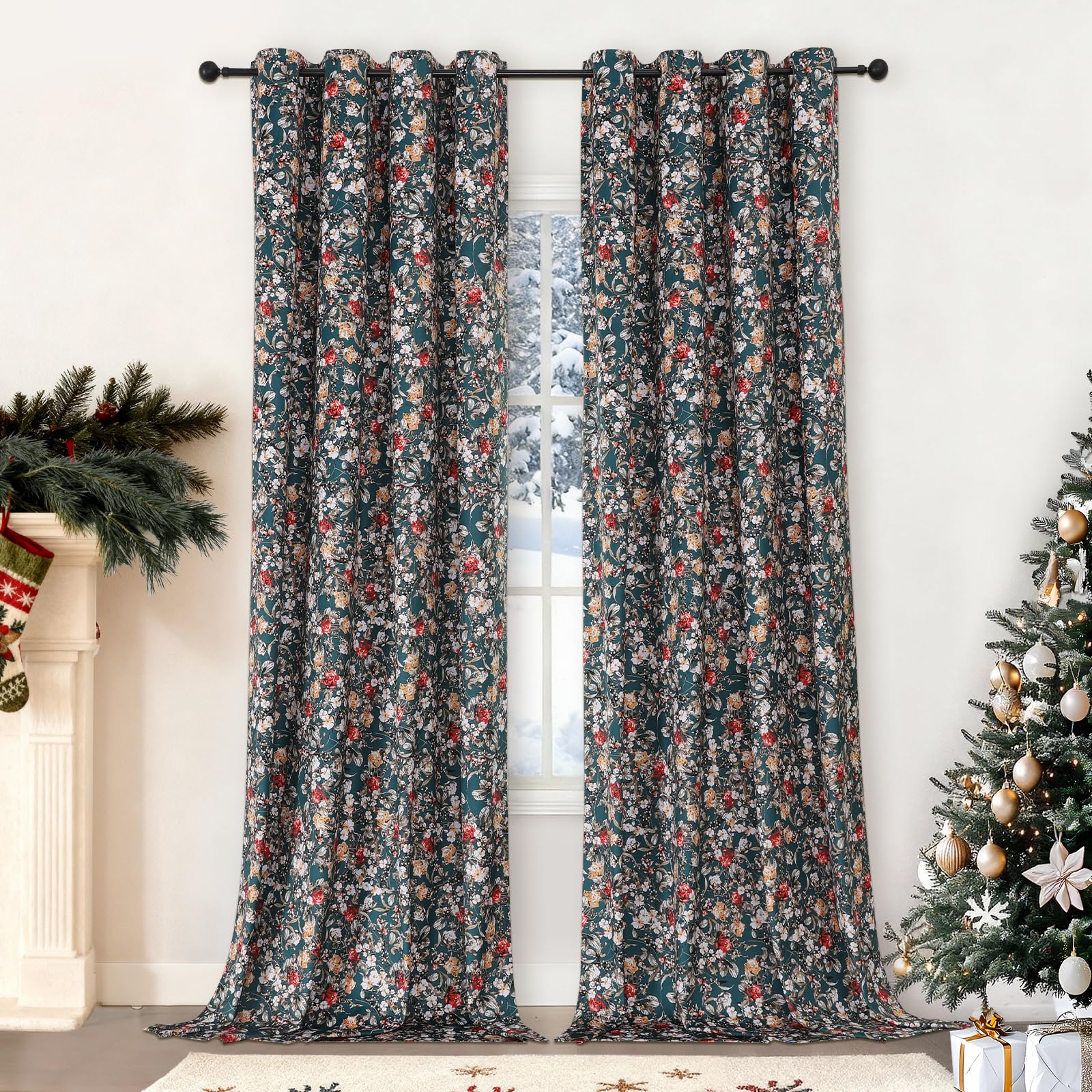 VEHEDE Green Boho Floral Velvet Curtains 96 Inch Length, Room Darkening Antique Bronze Eyelet Curtains for Living Room, Thermal Insulated Vintage Blackout Curtains for Bedroom, W52 x L96, 2 Panels