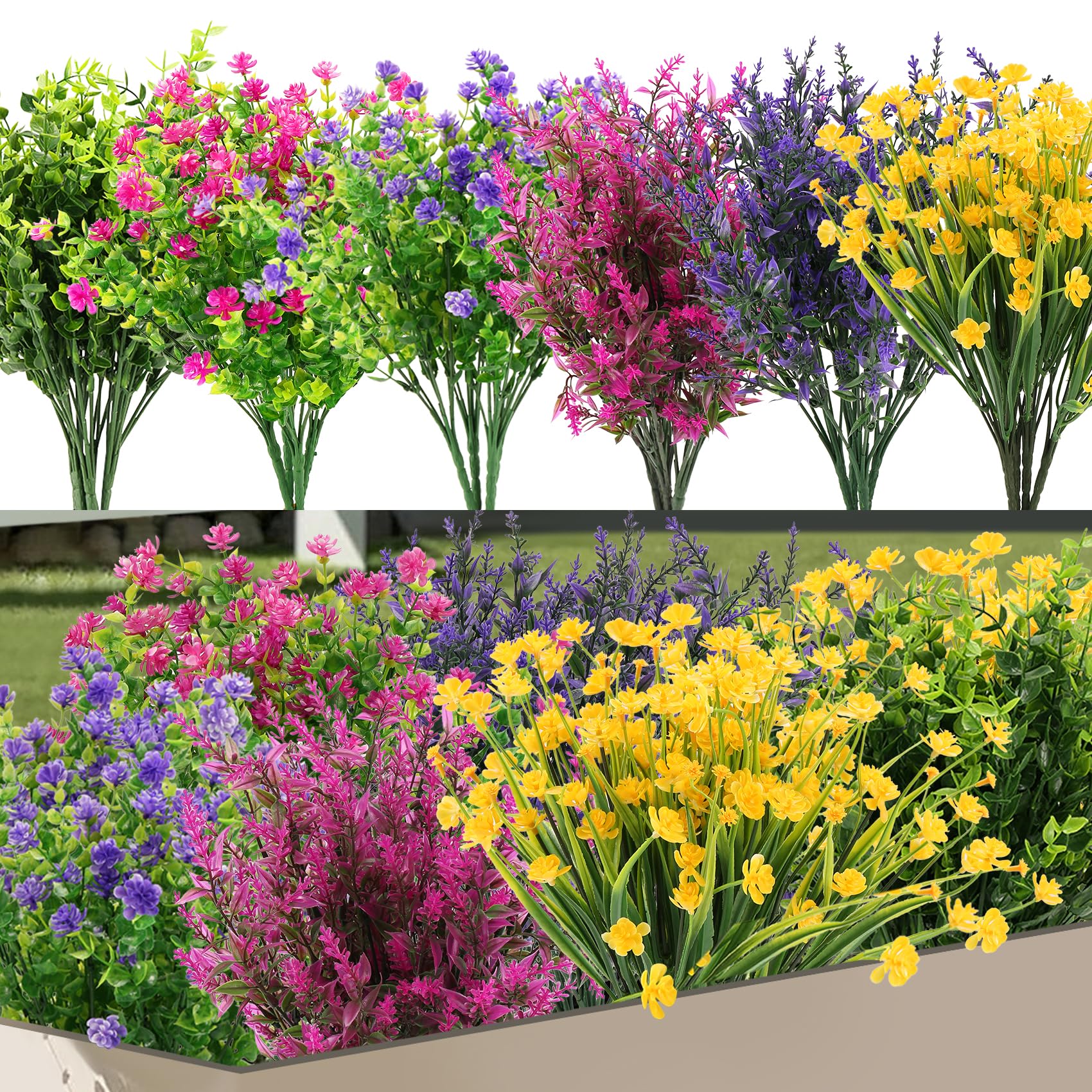 Giyofom Multicolor 24 Bundles Artificial Fake Flowers Outdoor, Uv No Fade Boxwood Faux Plastic Shrubs Greenery Plants For Garden Patio Porch Window Box Home Indoor Wedding Farmhouse Hanging Planter Décor