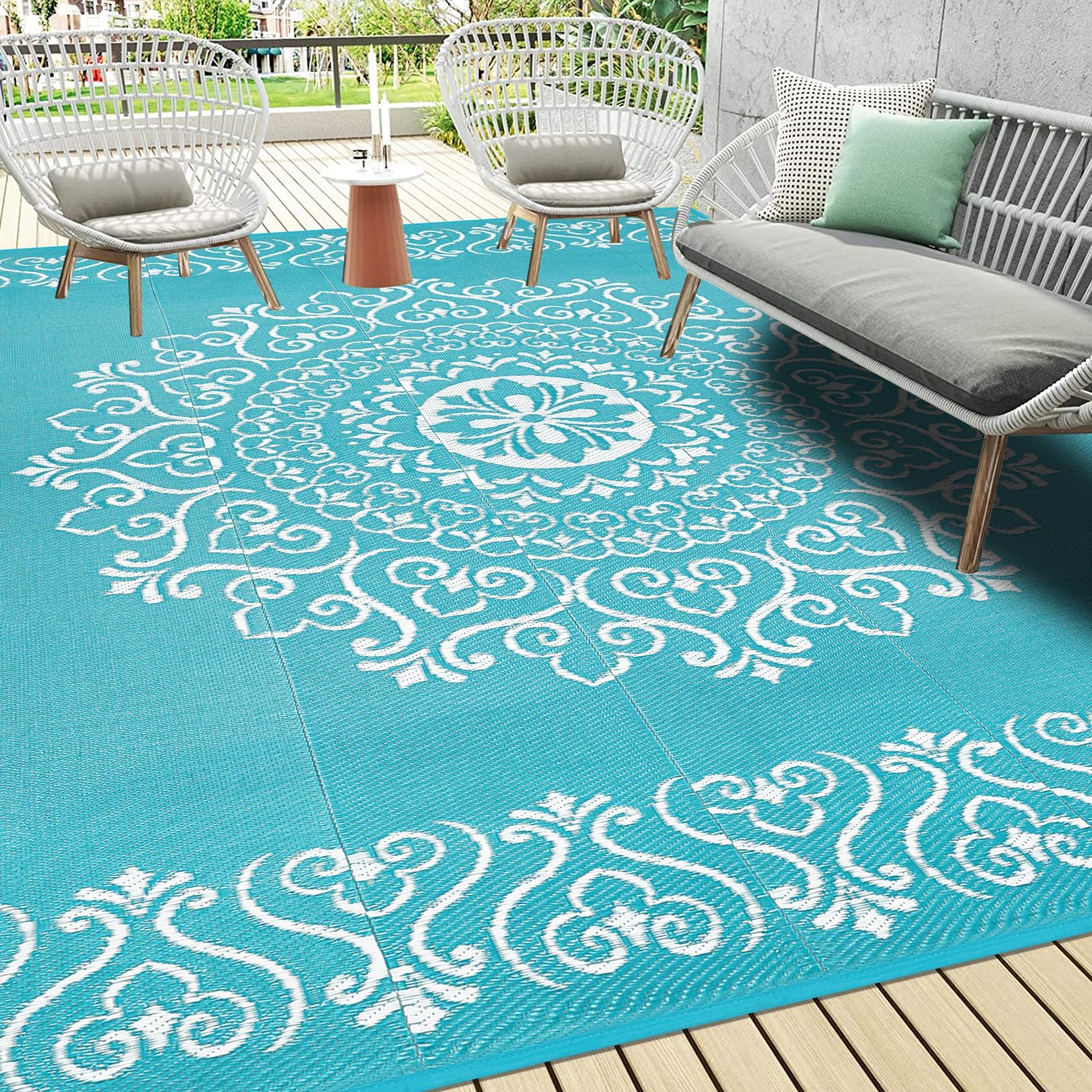Pauwer Waterproof Outdoor Rug 8x10, Reversible Plastic Straw Patio Camping Rug, Indoor Outdoor RV Mat Carpet for Deck, Camper, Porch, Balcony, Backyard, Picnic, Floral Teal