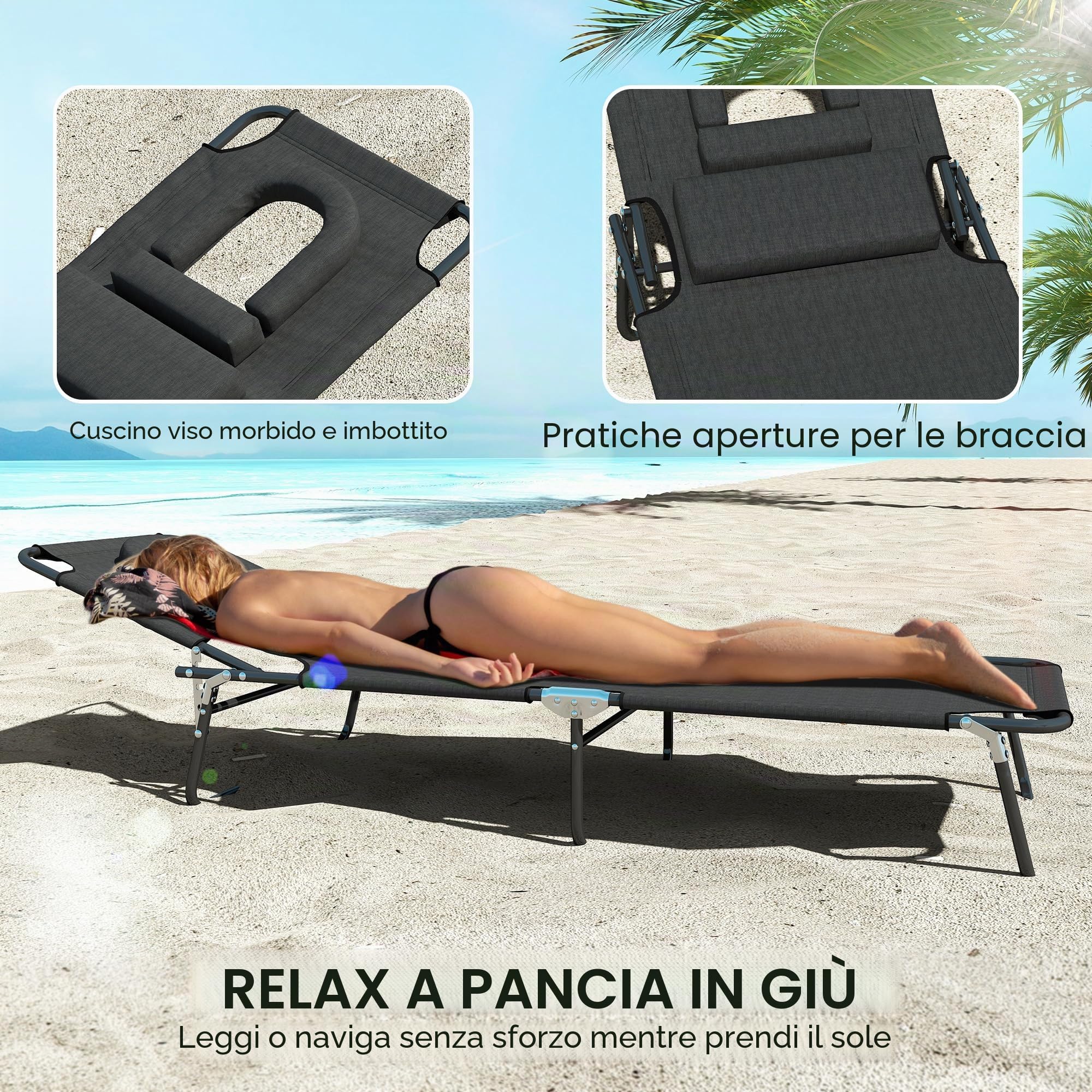 Outsunny Sdraio da Esterno Pieghevole con Foro per il Viso e Cuscini, Nero