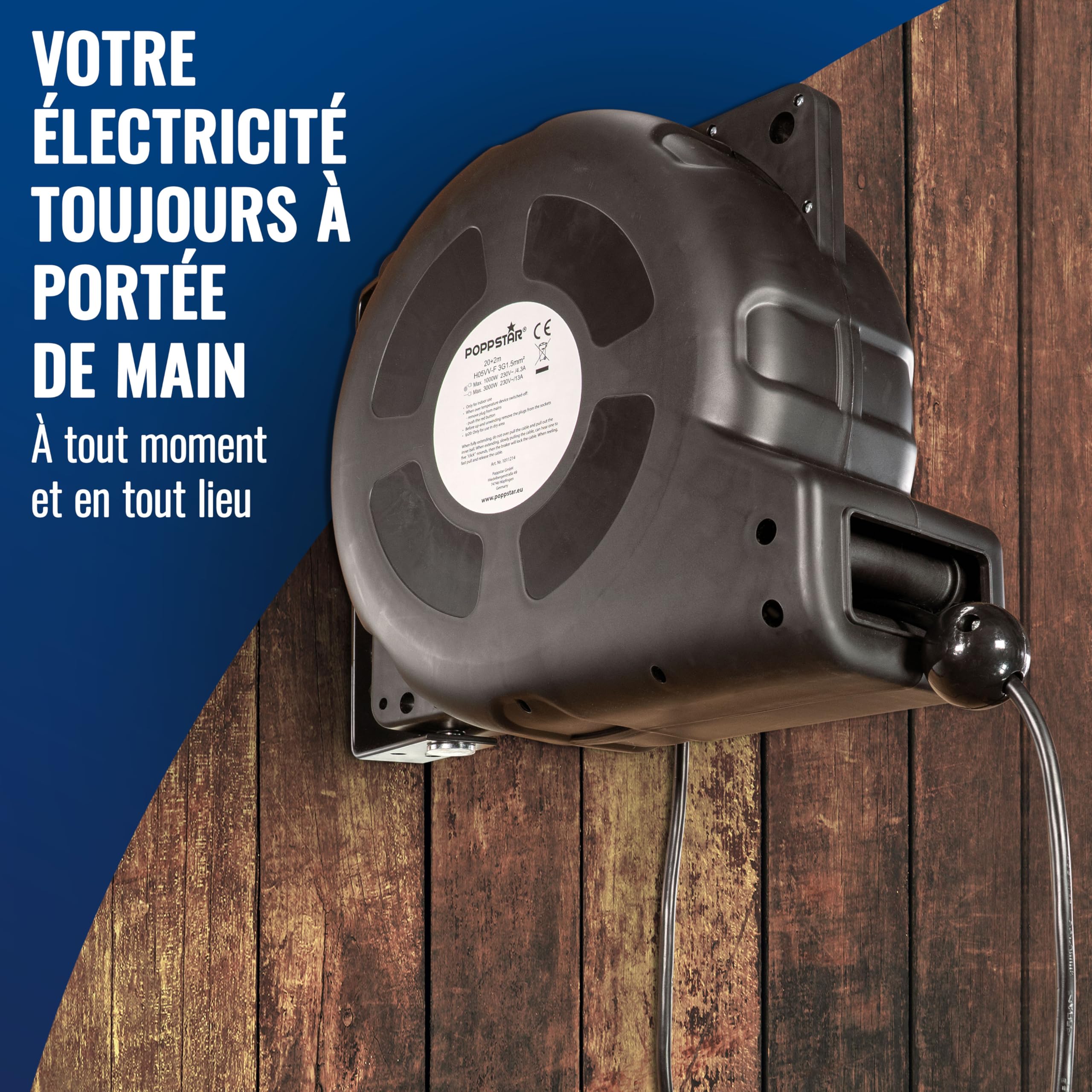 Poppstar Enrouleur de câble électrique automatique 20m + 2m (max. 3000W) Tambour de câble automatique auto-enroulant IP20 avec interrupteur thermique