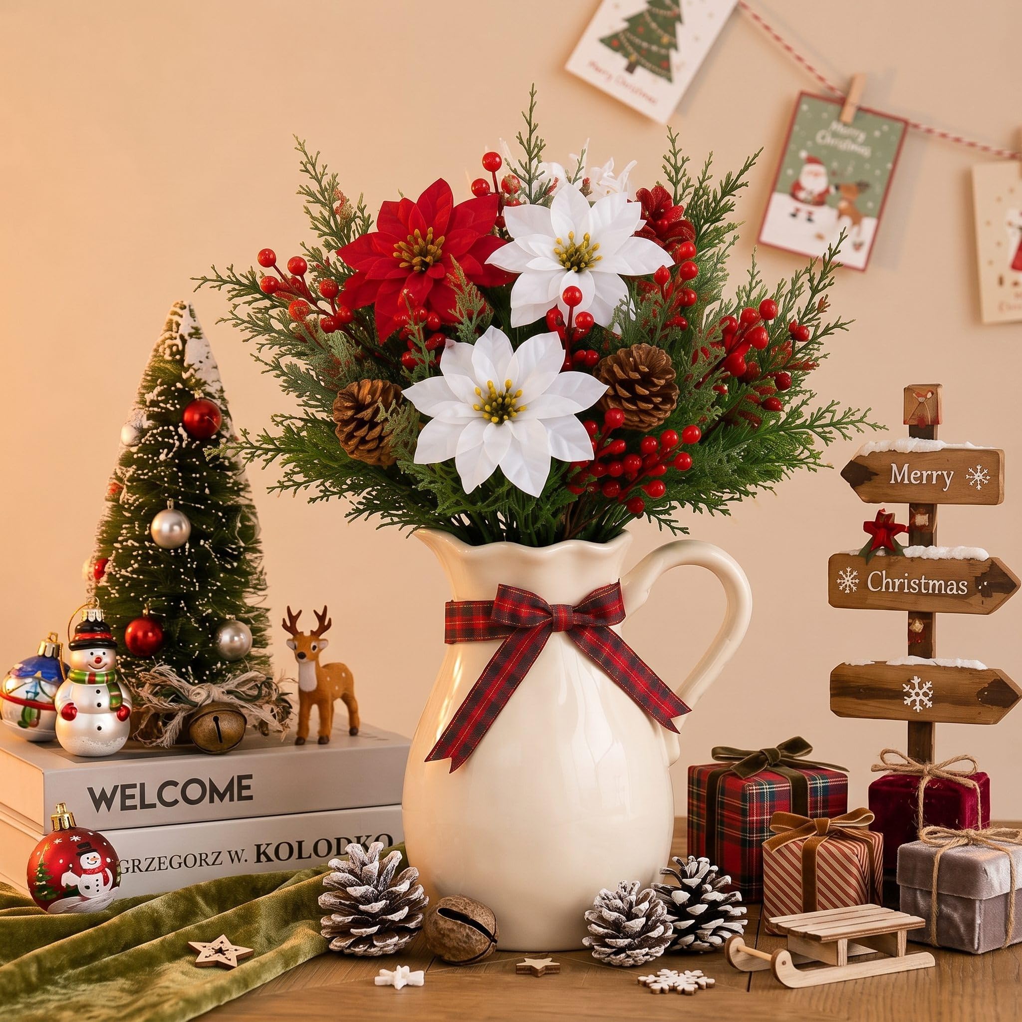 Lot de 20 tiges de pin poinsettia, rouge, vert, blanc | Pics de Noël artificiels avec poinsettias rouges, pommes de pin, baies, aiguilles de pin pour arbre, couronne, vase