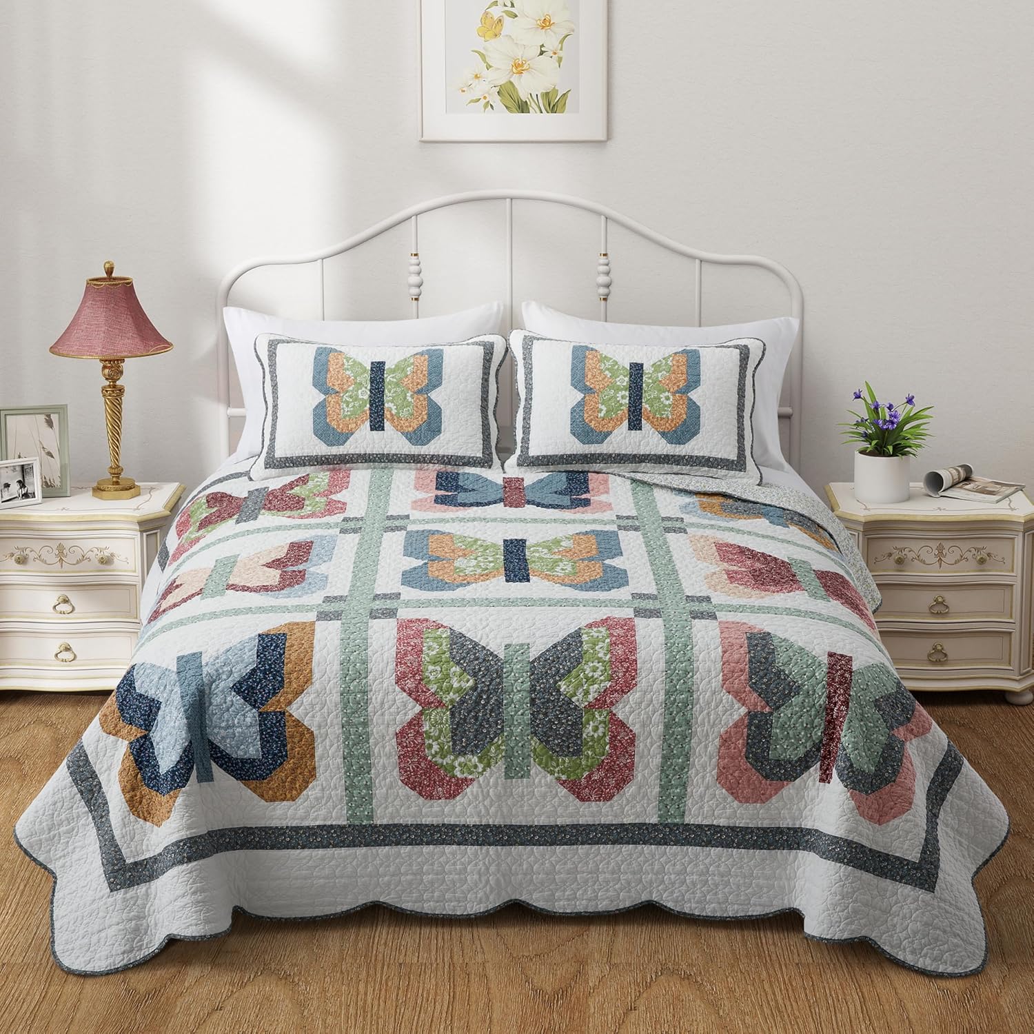 King Size Quilt Butterfly Bedding Set 100% Cotton Patchwork Farmhouse Heavy Bedspread 110"x95" Handmade Elegant Country Bed Coverlets Set