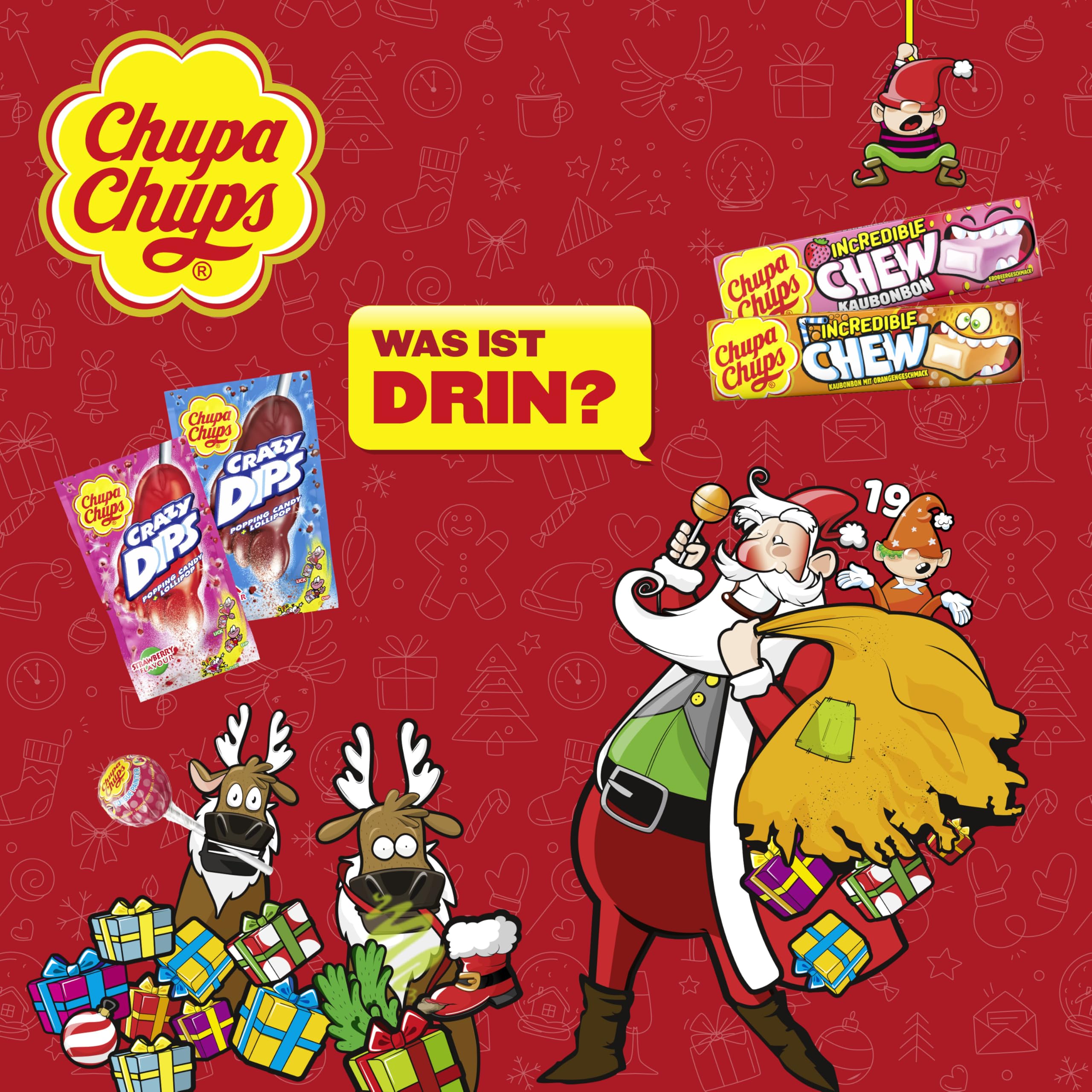 Chupa Chups XXL Adventskalender 2025, Weihnachts-Kalender mit 24 Türchen, Lutscher & Kaugummi, Süßigkeiten, geeignet für Kinder und Erwachsene, 1x614g