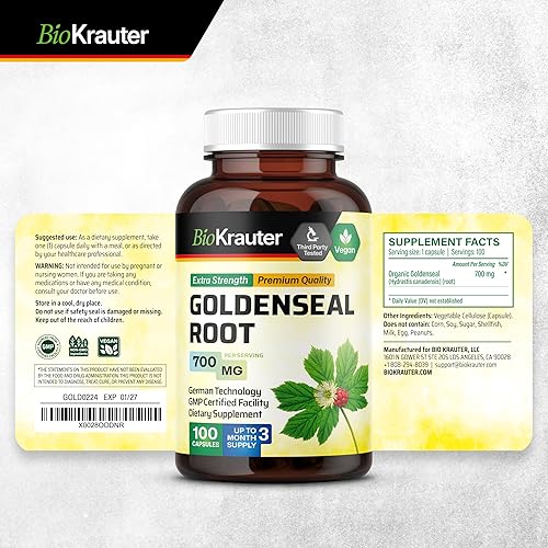 Miniatura 9 de BIO KRAUTER Goldenseal Root Capsule 700 mg - 100 cápsulas de polvo Golden Seal - Soporte respiratorio y digestivo - Vegano, sin rellenos