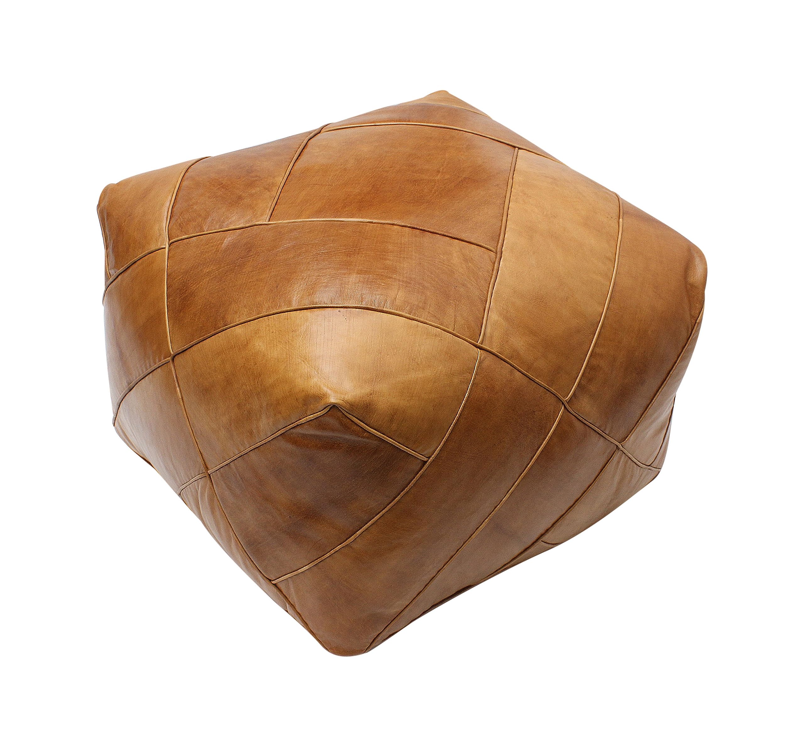 Pouf marocain ottoman carré en cuir véritable naturel fait main marron clair 40cm