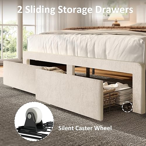 Miniatura 6 de Estructura de Cama de Almacenamiento Queen, Cama Plataforma Tapizada con 2 Cajones, Cabecera de Terciopelo con Mechones Verticales con Luces LED y