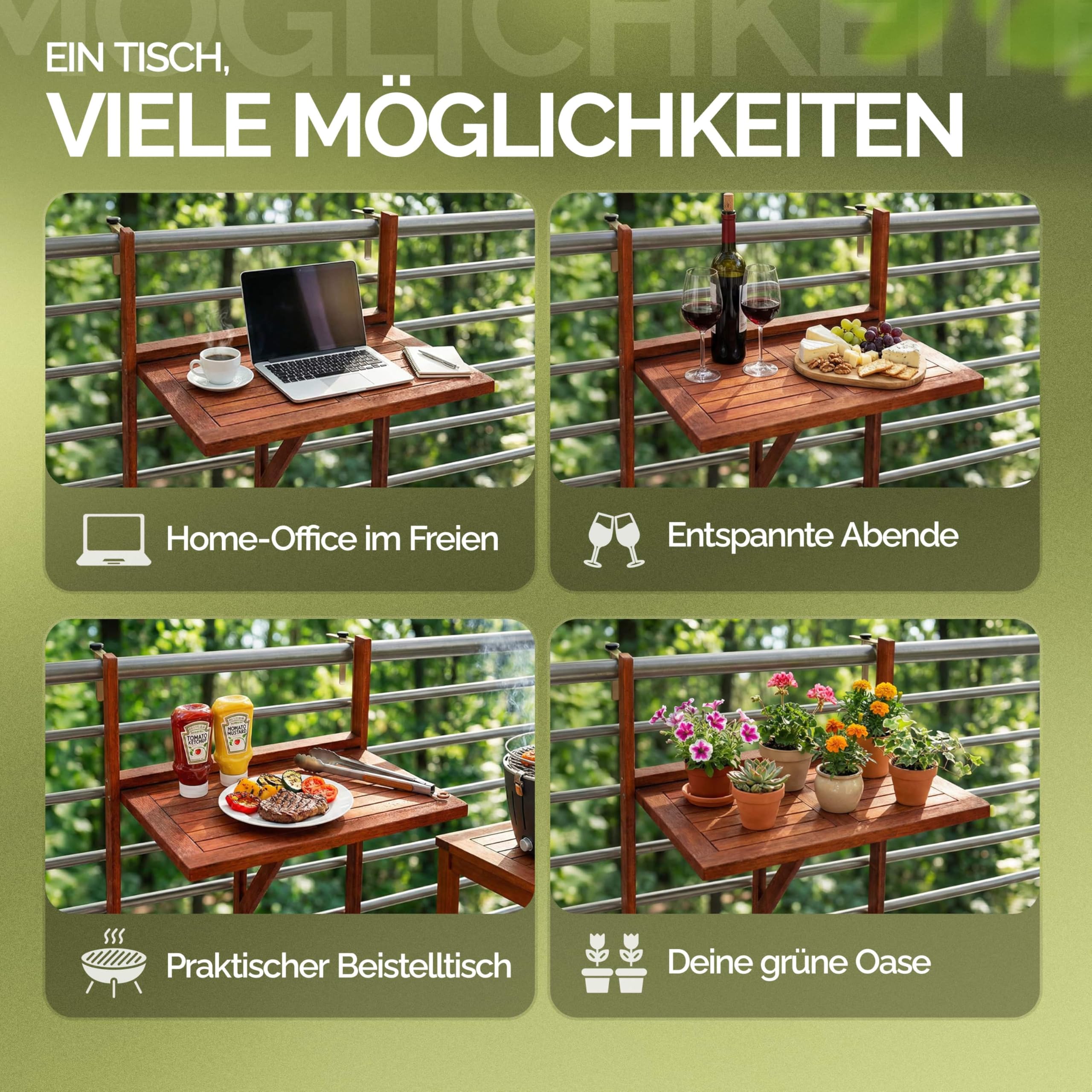 Casaria® Balkontisch klappbar wetterfest Holz FSC®-Zertifiziert 40kg Belastbarkeit 65x45cm Klapptisch Balkon Garten Tisch Geländer Terrasse Akazie