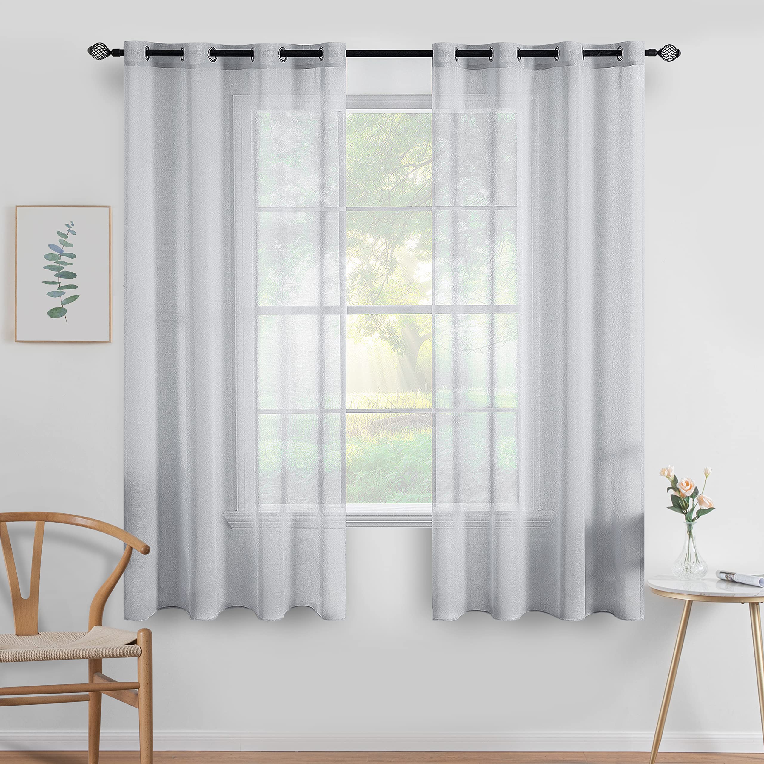 MIULEE Sheer Voile Curtains Christmas Decoration with Eyelets Transparent Look for Bedroom & Living Room 140 x 137 cm (W x H) Set of 2 Grey
