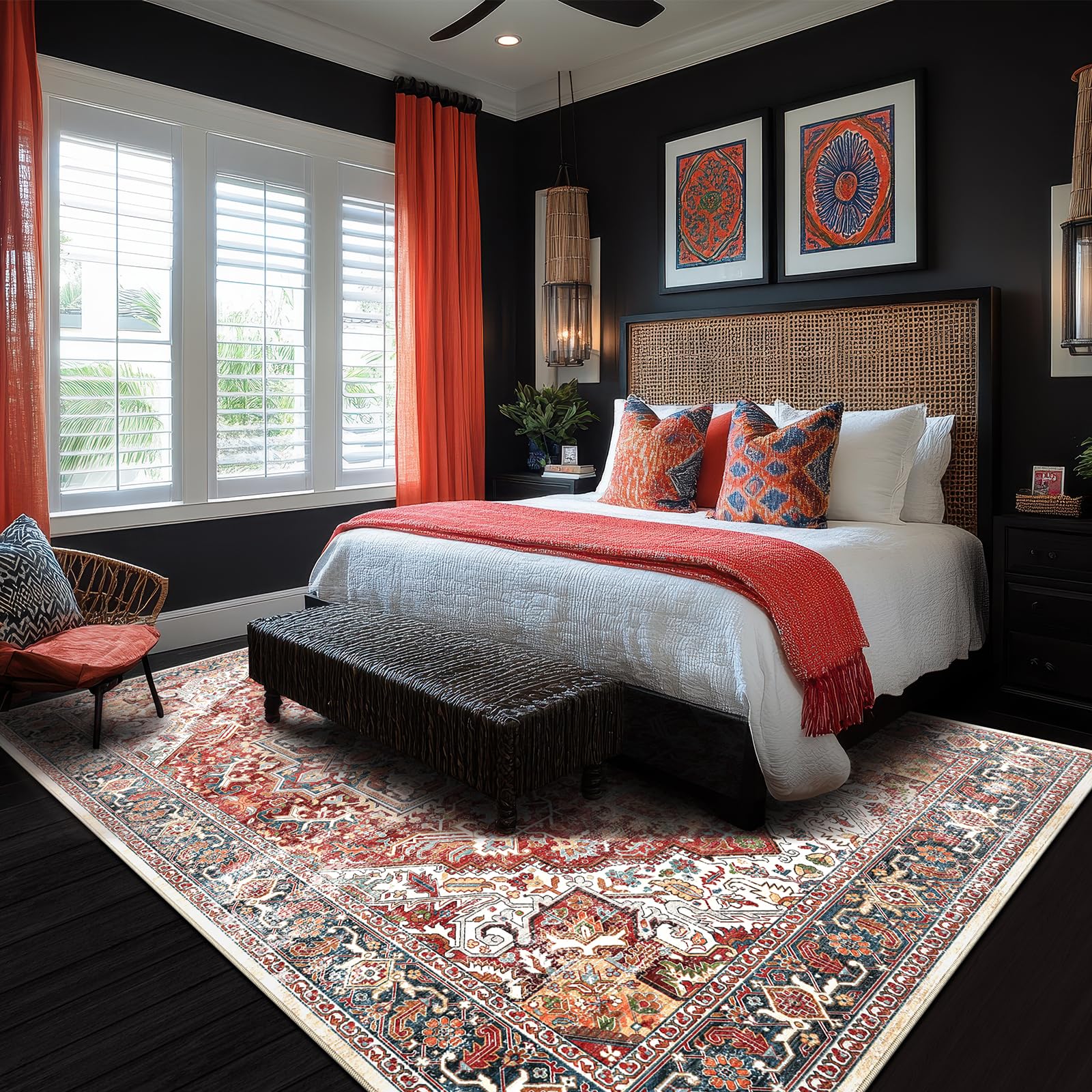 XSIVOD Area Rugs for Living Room, Orange/Red Washable Large Rugs for Bedroom, Non Slip Vintage Rugs for Dining Room Office, Soft Low Pile Floral Rug Accent Floor Carpet for Home Decor, 240 x 300 cm