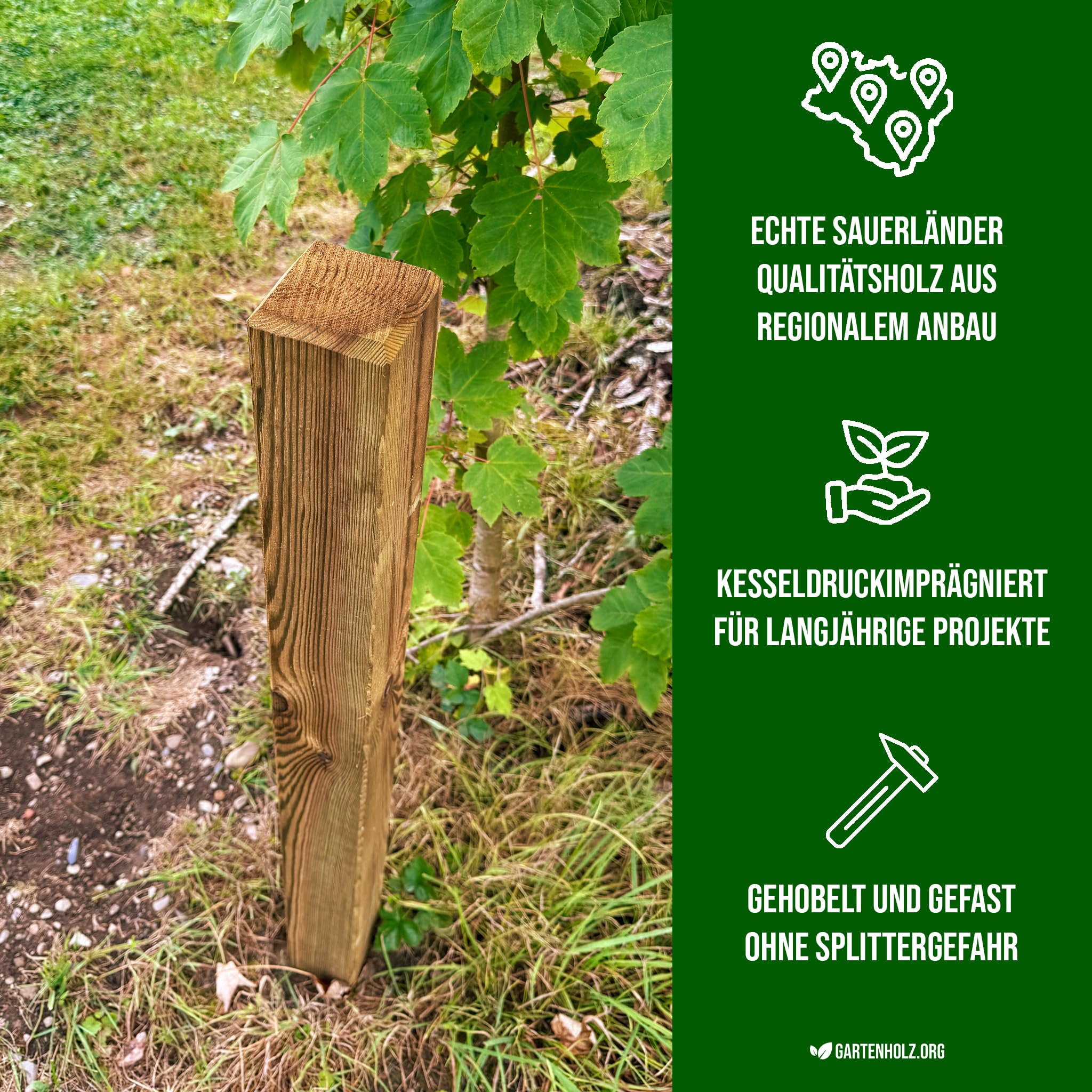 Juego de 4 postes cuadrados para valla KDI, verde opaco, 9 x 9 cm, longitudes 100 – 150 cm, madera de coníferas impregnada, resistente a la intemperie, duraderos, postes para vallas, proyectos de