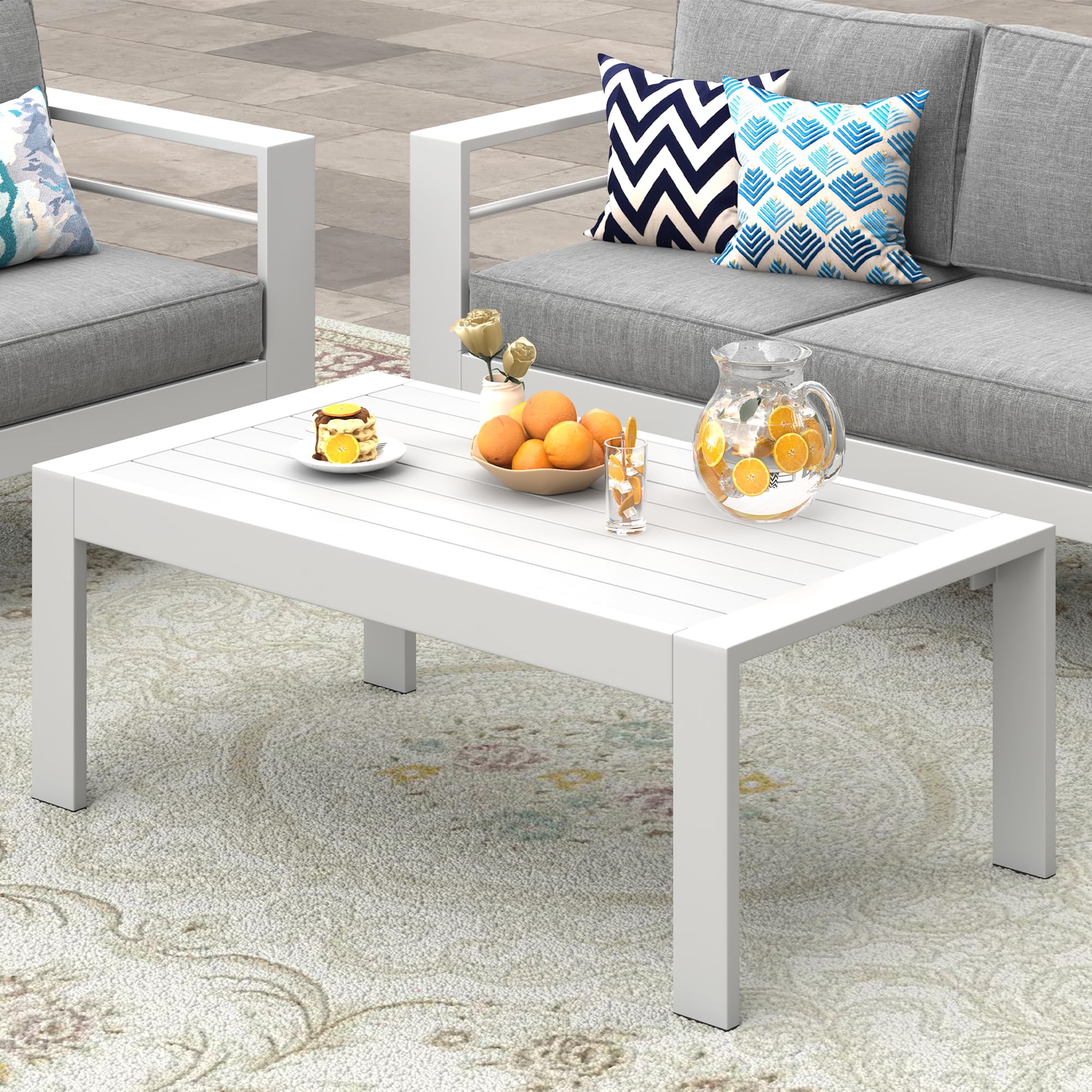 Wisteria Lane Aluminum Outdoor Furniture Patio Coffee Table, All-Weather Outdoor Metal Coffee Table, Modern Rectangle Coffee Table for Balcony, Garden, White