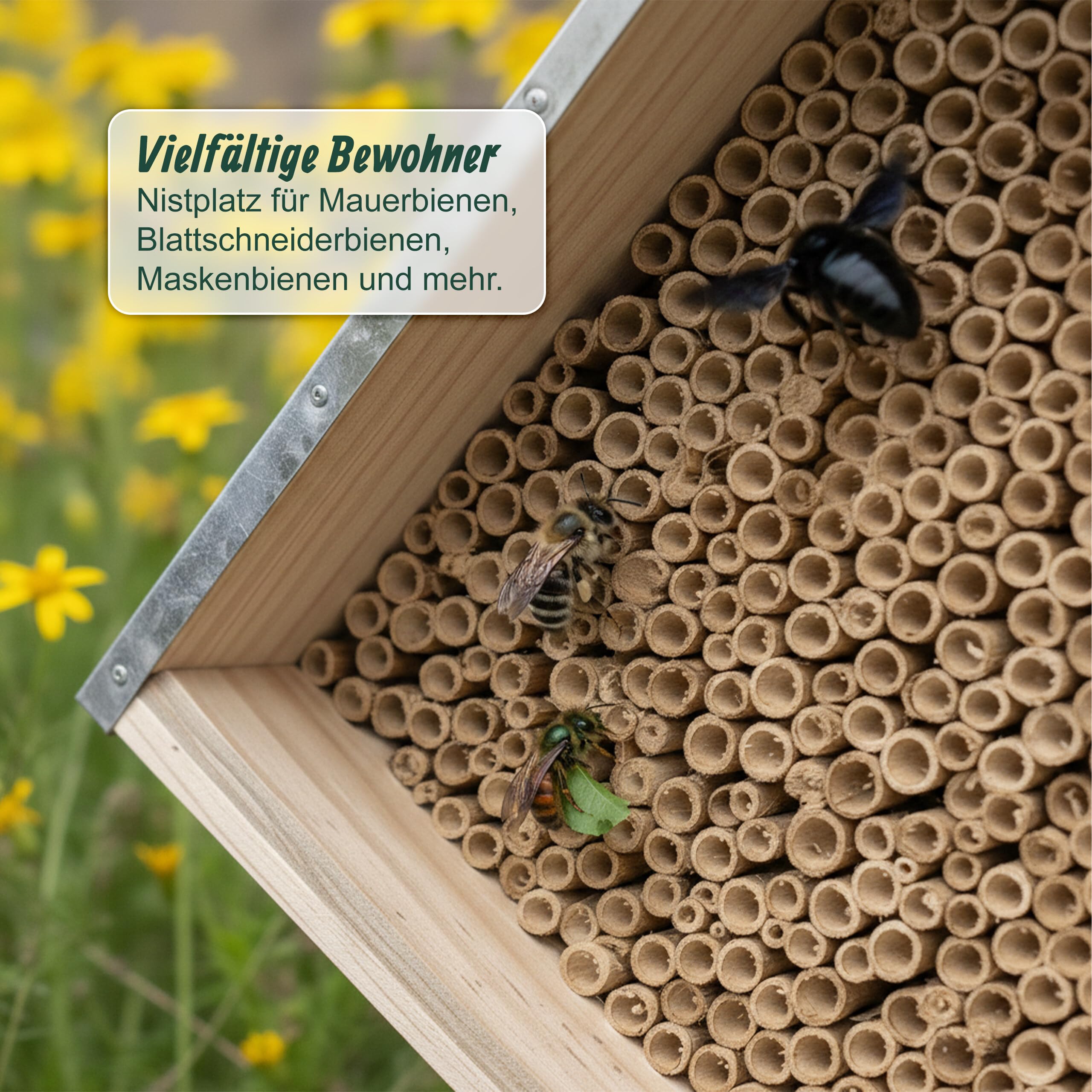 Relaxdays Bienenhotel, Holz, wetterfestes Metalldach, Pappröhrchen, Garten, Insektenhotel zum Aufhängen, Natur/Silber, Design C