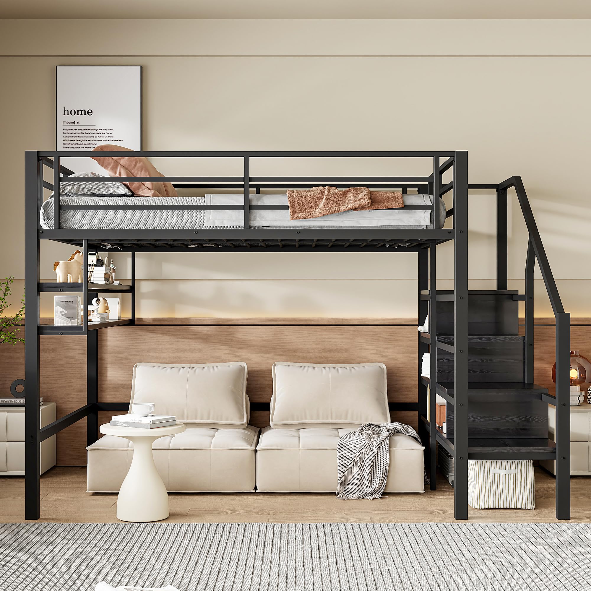SACOOL Letto a soppalco, 140 x 200 cm, ripiano per riporre spazio sotto il letto, per il rivestimento, ringhiera senza materasso, colore nero