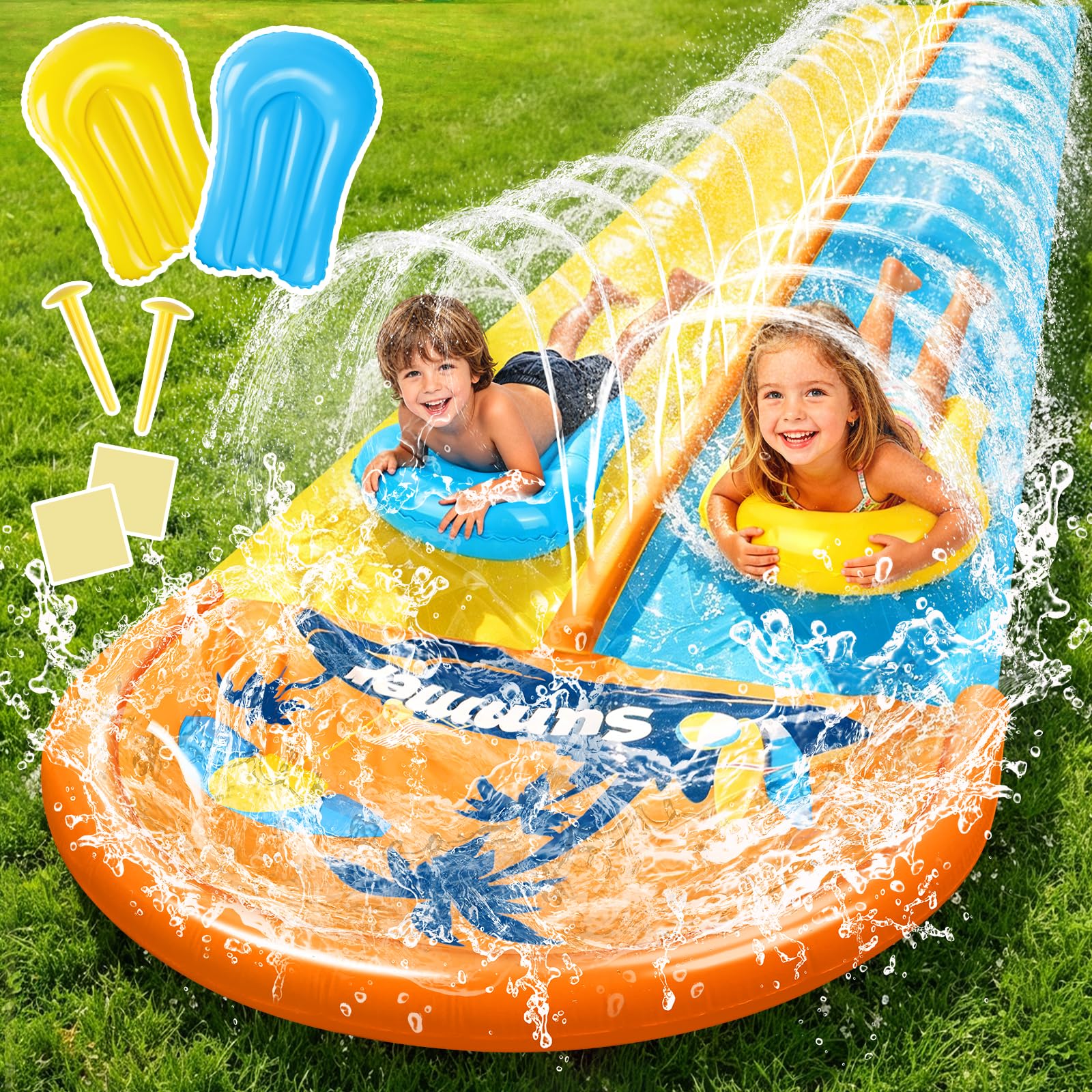 JONRRYIN 950cm Tobogán de Agua, 155cm Tobogán de césped de Doble Tobogán Hinchable con Rociador, 2 Tablas inflables para Fiestas de Verano, Jardín, Acuáticos al Aire Libre