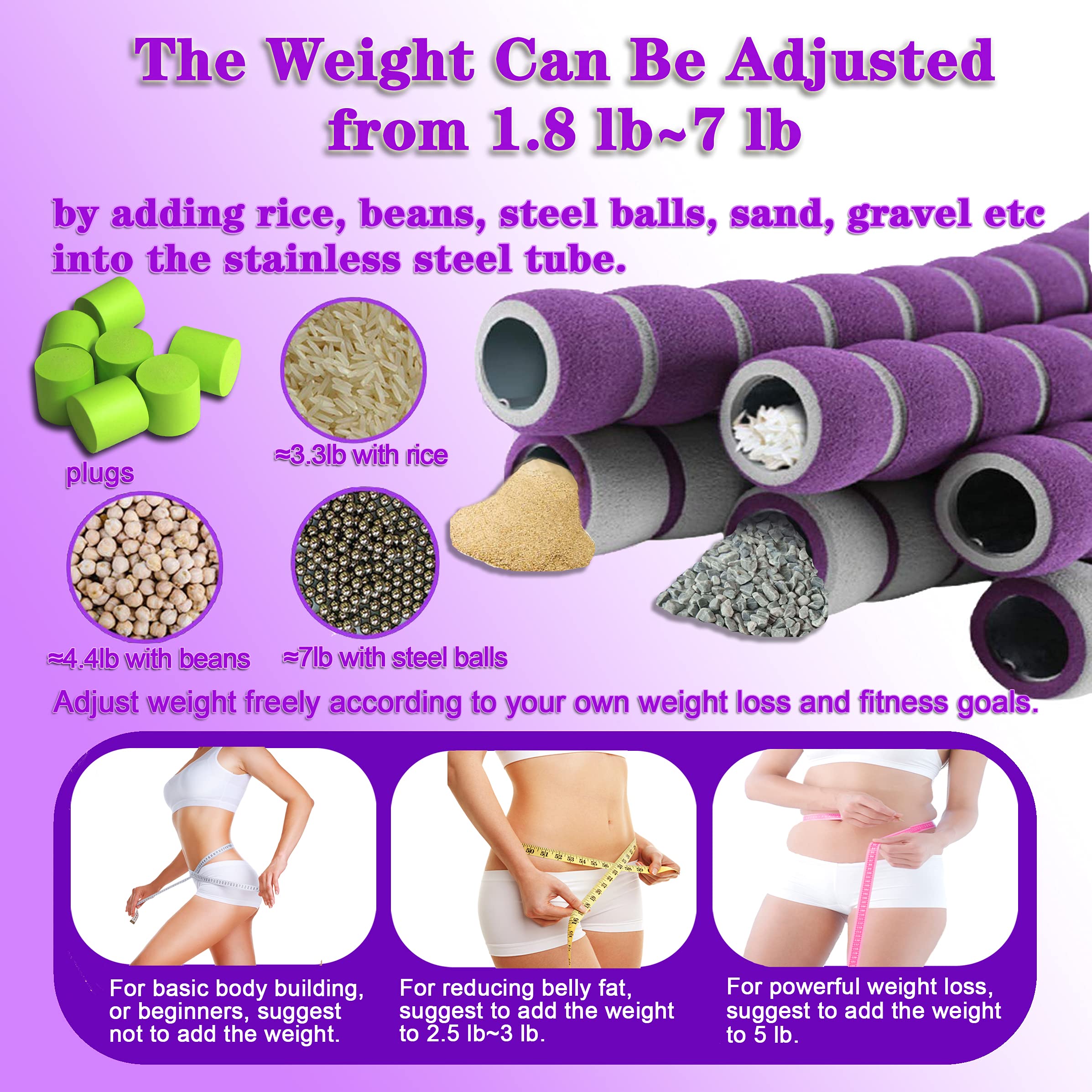 KINGJOY Weighted Hula Hoop for Adults Kids Women for Exercise & Fitness Weight Loss, Hoola Hoops Plus Size, Weight Adjustable 2lb ~ 5lb, 8 Detachable Sections?Stainless Steel Core (Purple & White)