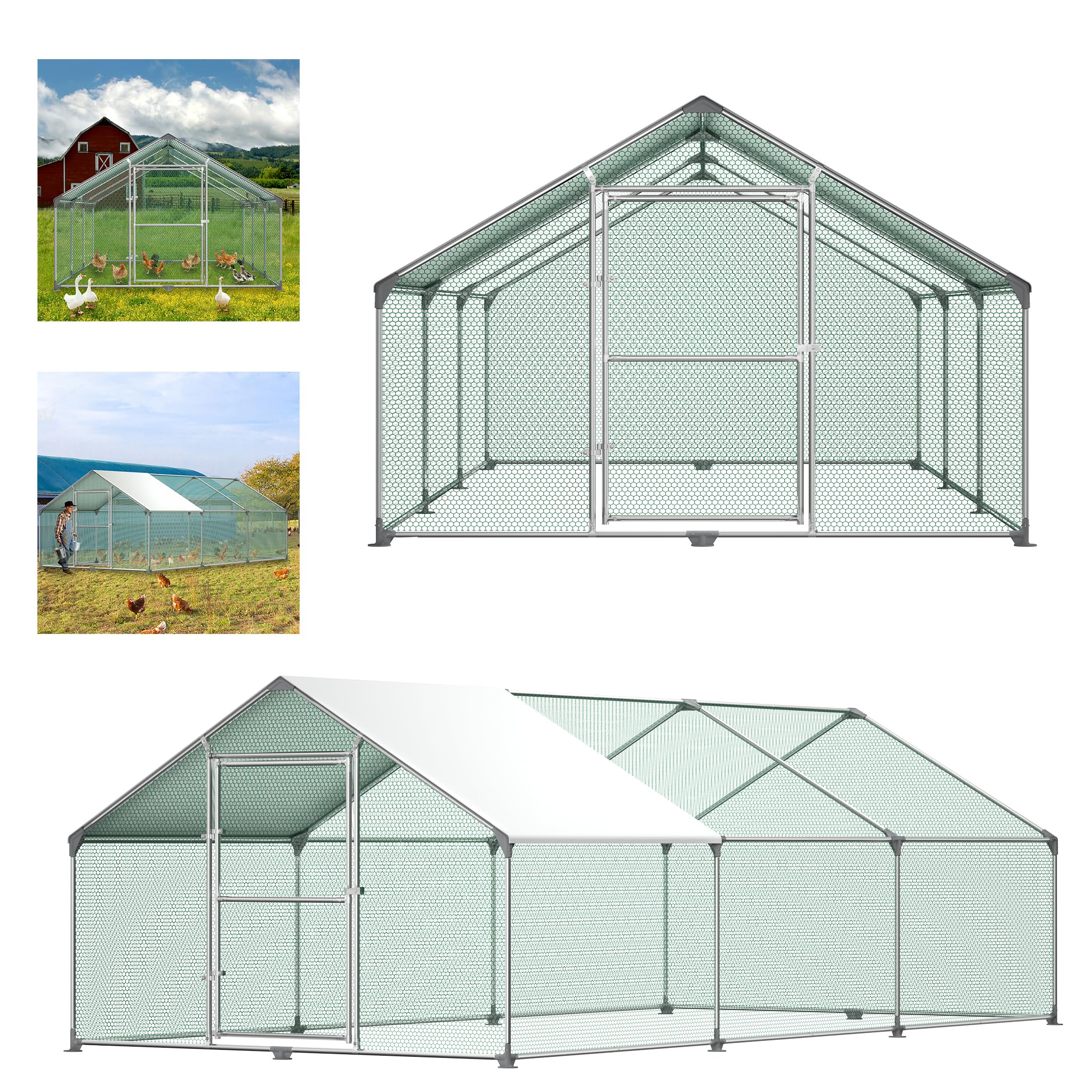 Aufun Chicken Coop Outdoor with Lock Galvanised Steel Small Animal Hutch Includes Roof Cover Hen House Enclosure Cage for Chicken Bird Rabbit Pet, XXXL 9.84 x 19.68 x 6.56ft