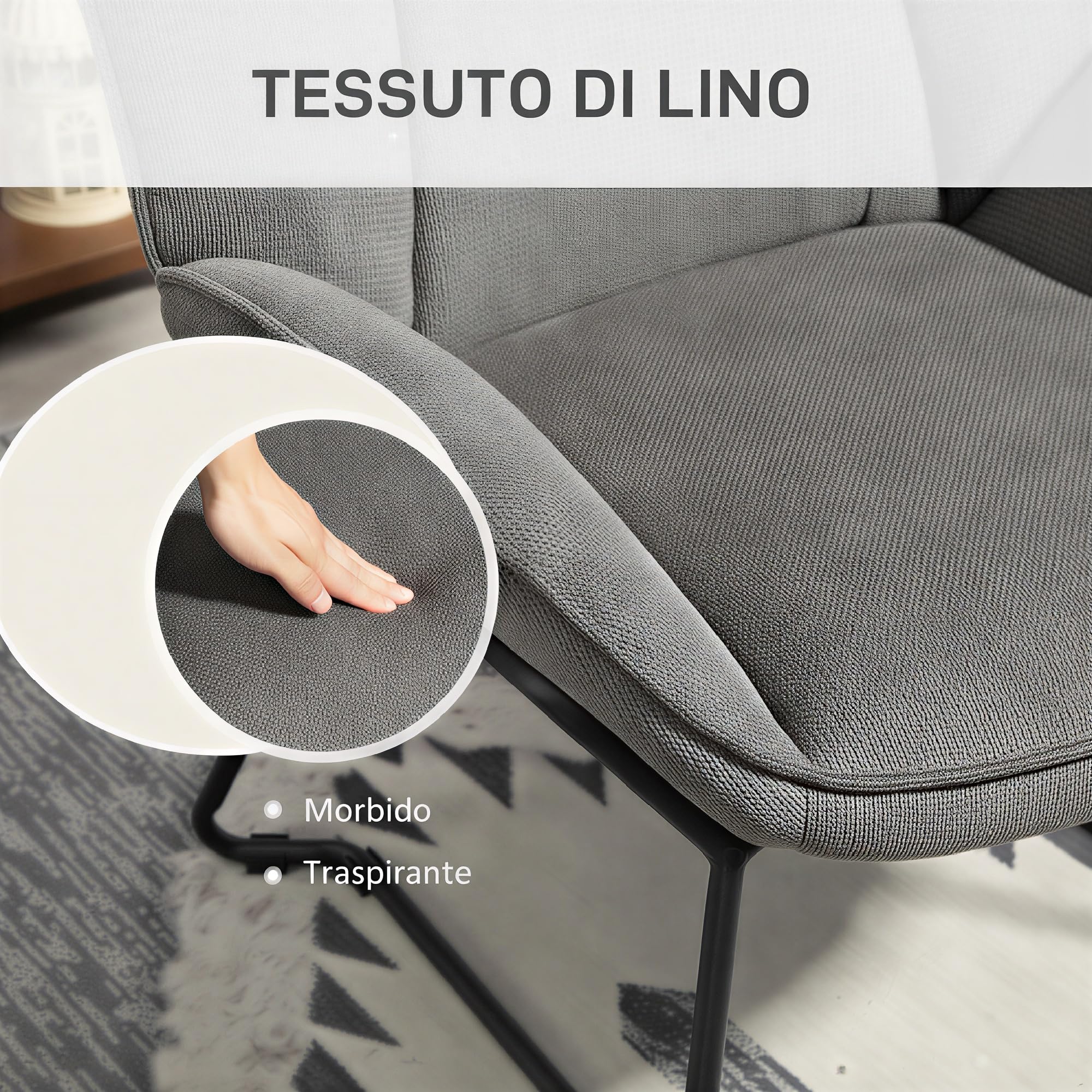 HOMCOM Poltrona d'Arredo Imbottita con Braccioli Inclinati, Poltrona da Soggiorno in Tessuto Effetto Lino e Struttura in Acciaio, 71.5x67x79 cm, Grigio