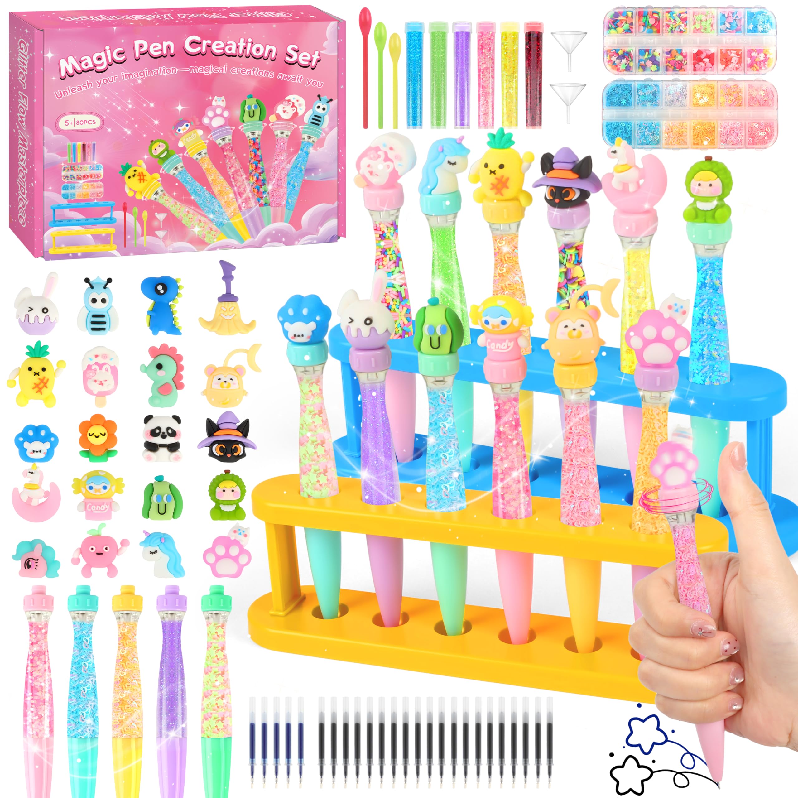 MOMOSTAR Kit de Creación de Bolígrafos, Laboratorio de Bolígrafos con 21 Plumas Personalizados, 80 PCS Kit Manualidades Niños, Juego Juguetes Creativo, Regalo Cumpleaños Navidad para Niñas 5 6 7 Años