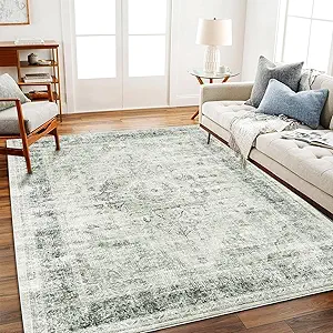 Area Rug 5'x7' Washable Rug Floral Green Vintage Traditional Floor Cover Thin Retro Kitchen Indoor Distressed Non Slip Carpet for Living Room Bedroom Dining Room