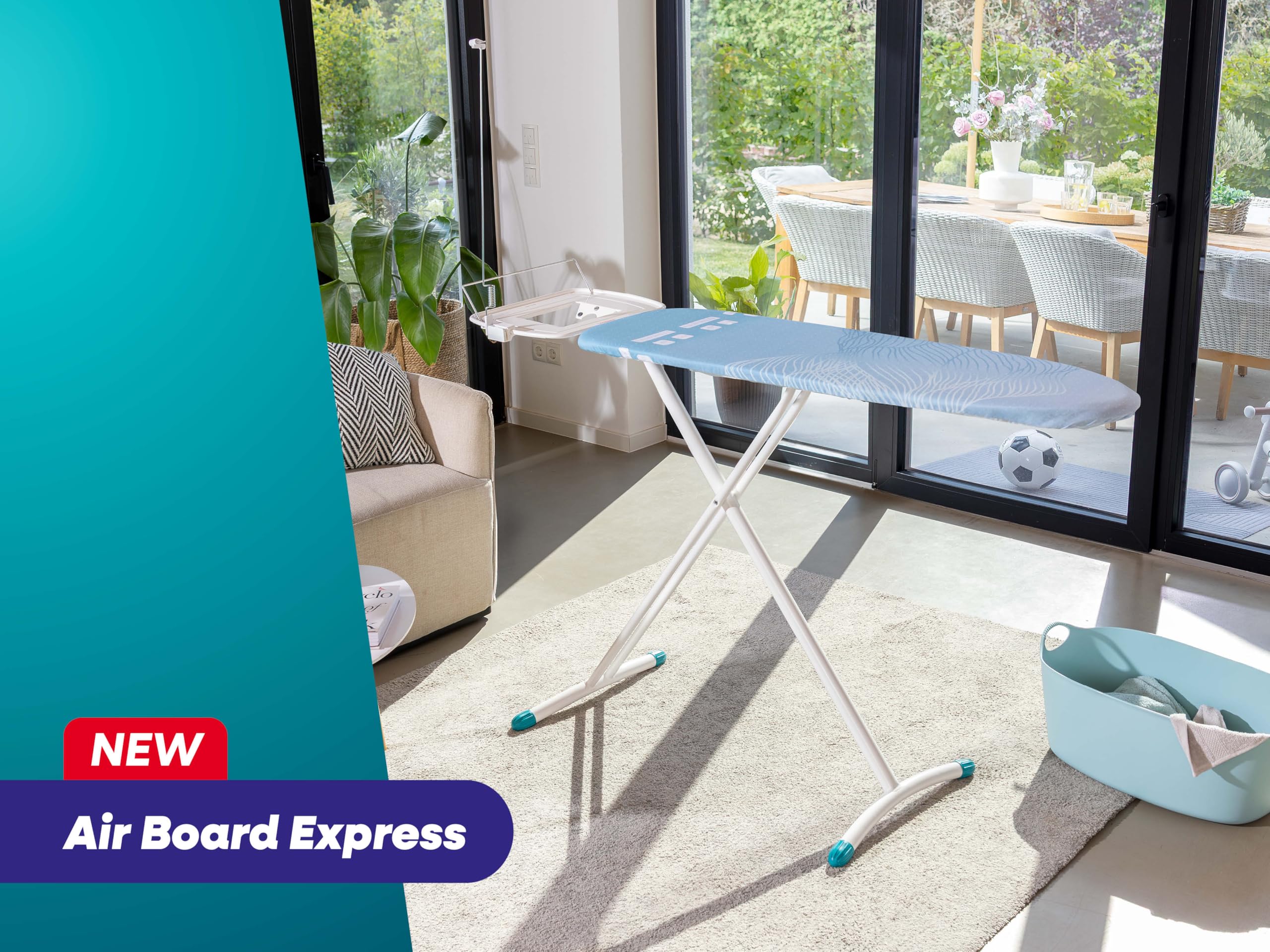 Leifheit Bügeltisch Air Board Express L Solid, Bügelfläche 130 x 38 cm, Bügelbrett höhenverstellbar 76 - 100 cm, geeignet für Dampfstationen, perforierte Baumwolle, aus Spezial-Kunststoff