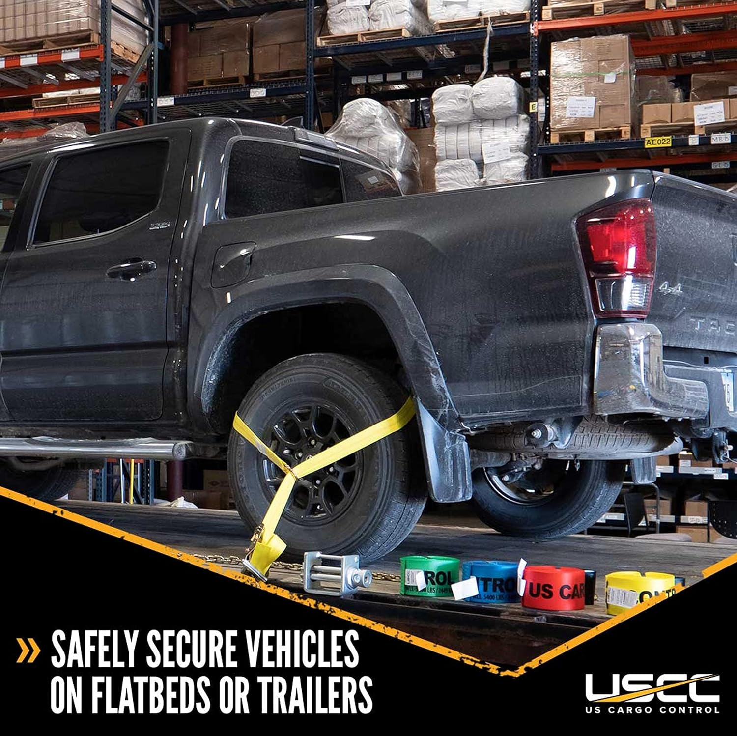US Cargo Control Side Mount Wheel Nets with Ratchet & Chain Extension (4-Pack), Lasso Tie Down Straps for Tire Sizes 14 Inches and More, 12,000 LBS Break Strength, Lasso Straps for Car Hauler