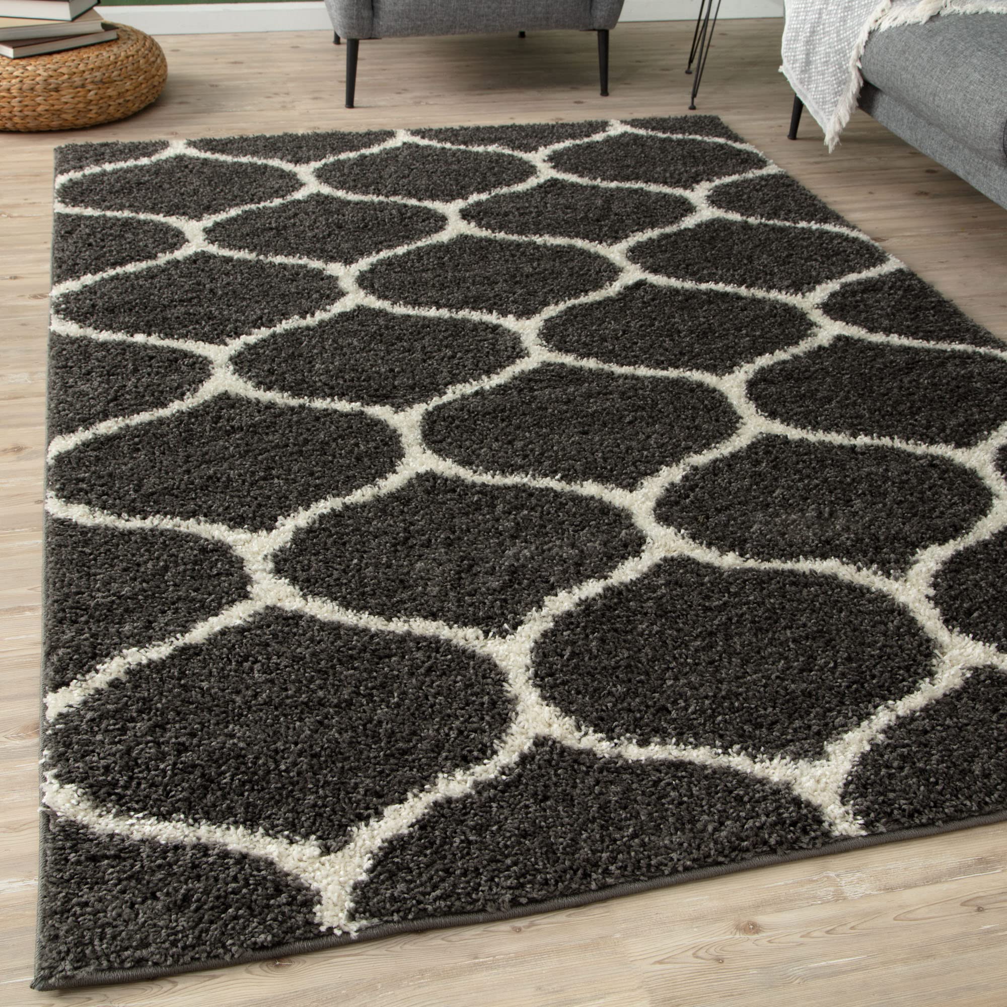 THE RUGS Shaggy Rug – Modern Moroccan Design Rugs for Living Room, Bedroom, Hallway, 3 cm Thick Area Rugs, (Trellis Dark Grey/Ivory, 80x150cm)