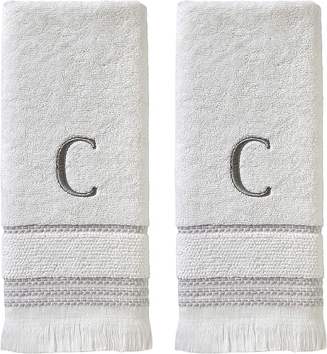 SKL Home Casual Monogram - Juego de toallas de mano, C, 16 x 26 pulgadas, color blanco, 2 unidades