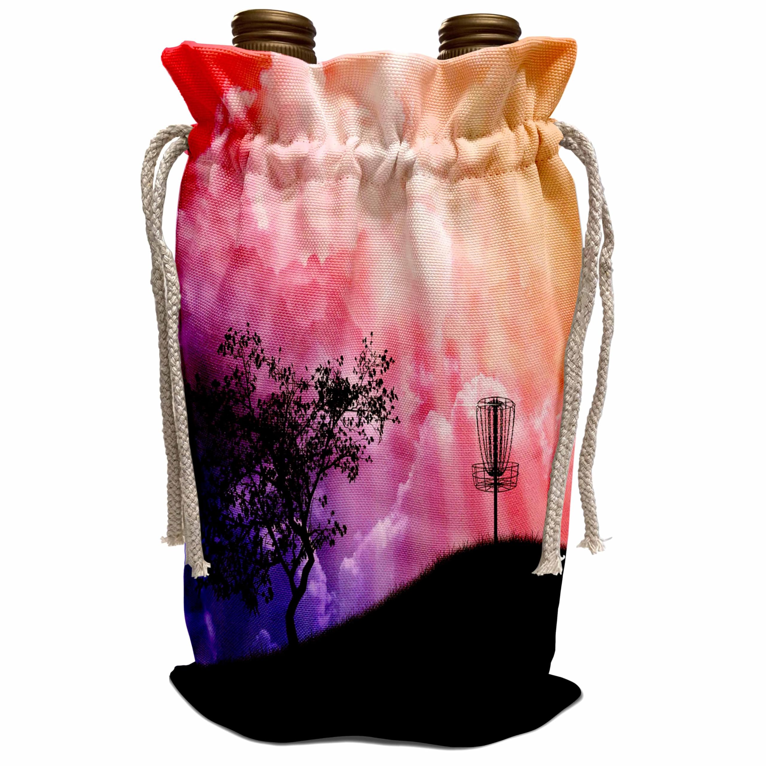 Wine Bag - Basket On A Hill silhouette of a frisbee disc golf basket with chain on colorful hill Designs Disc Golf