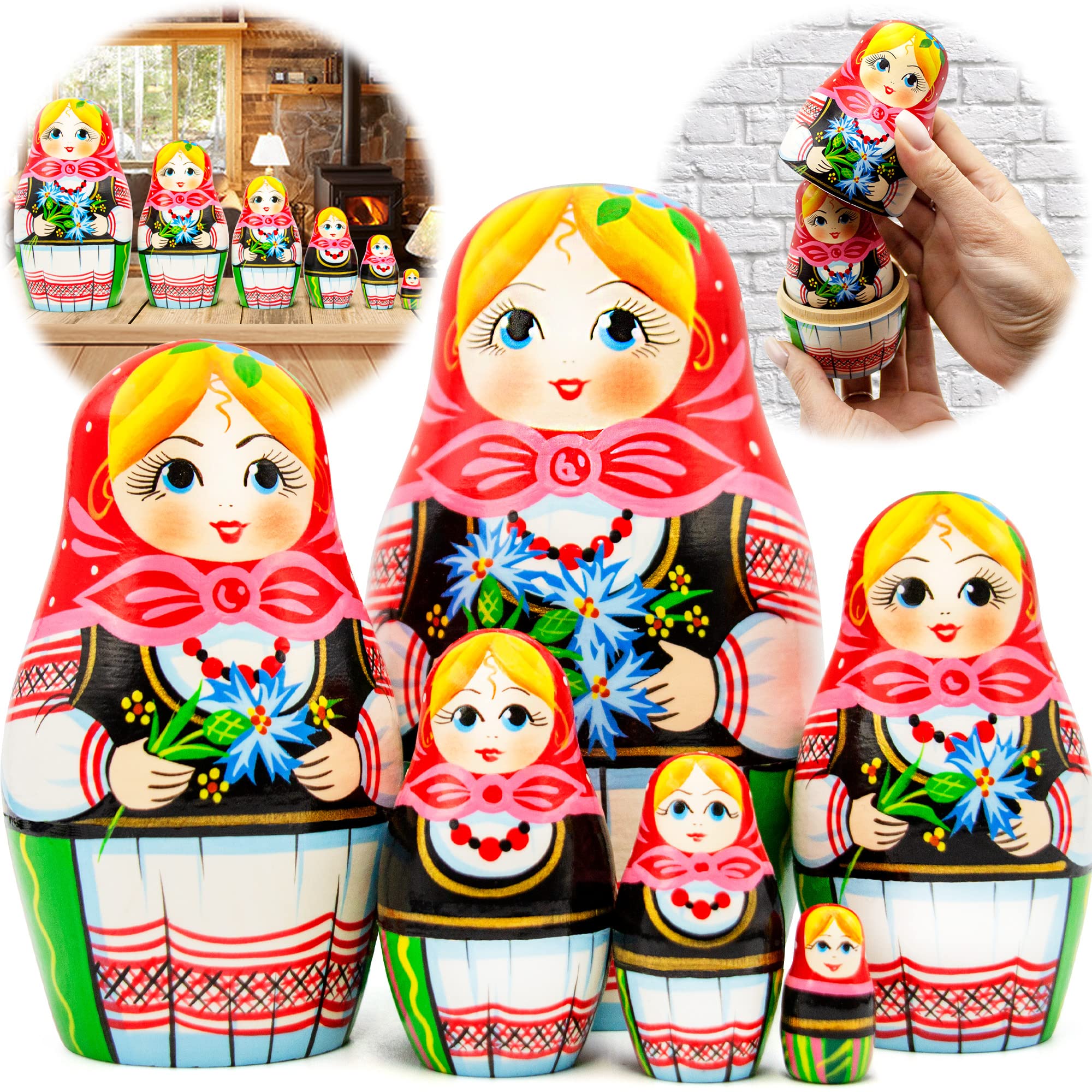Juego de 6 muñecas rusas de acianos para niños, muñeca Matryoshka en Sarafan bielorruso, muñecas rusas anidadas para adultos, juguetes de anidación