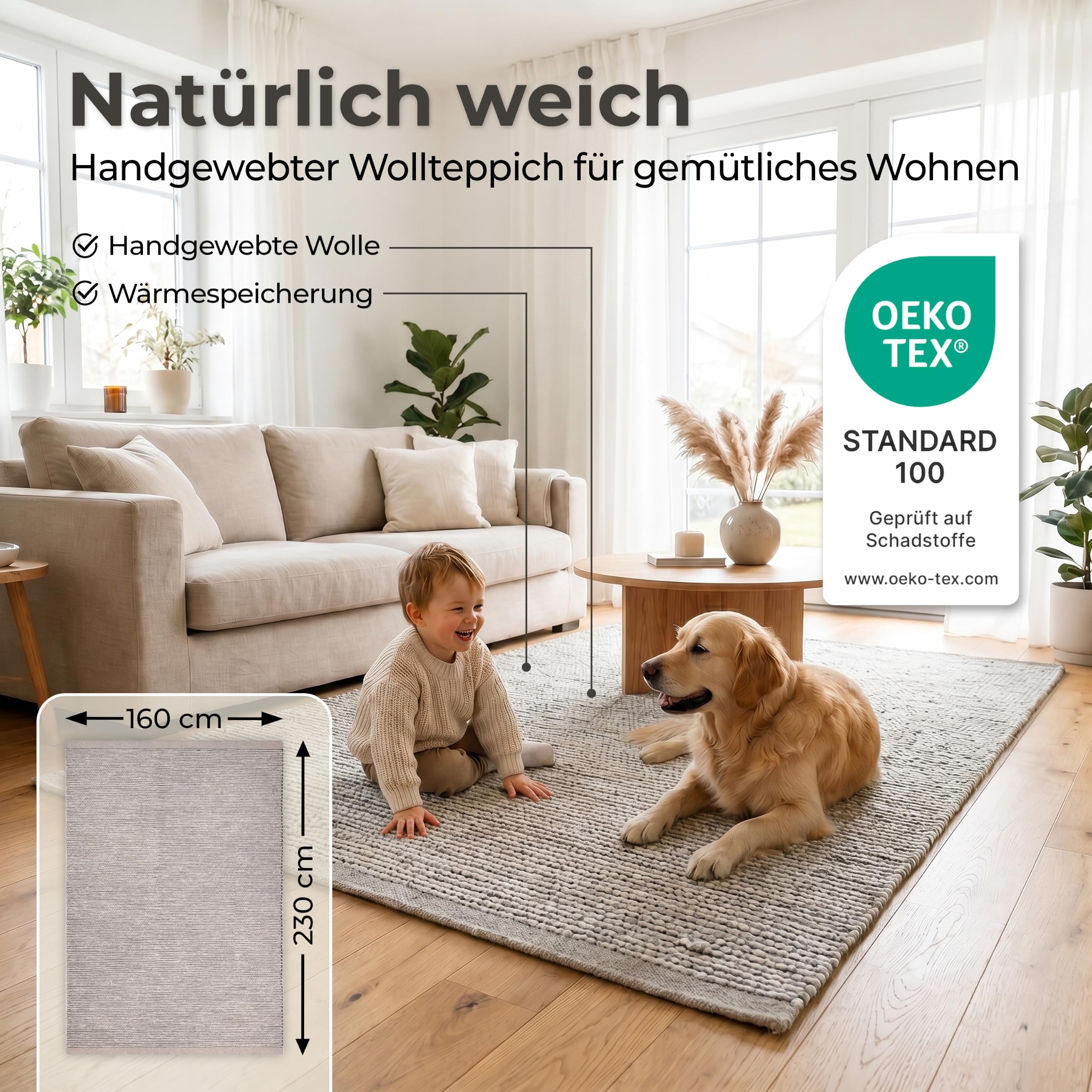 MY-RUG handgewebter Wollteppich 160 x 230 cm aus gewalkter Schurwolle | weicher Teppich aus Wolle | Wohnzimmerteppich, Naturteppich, Wendeteppich, robust & pflegeleicht | Roshni Beige Creme Grau