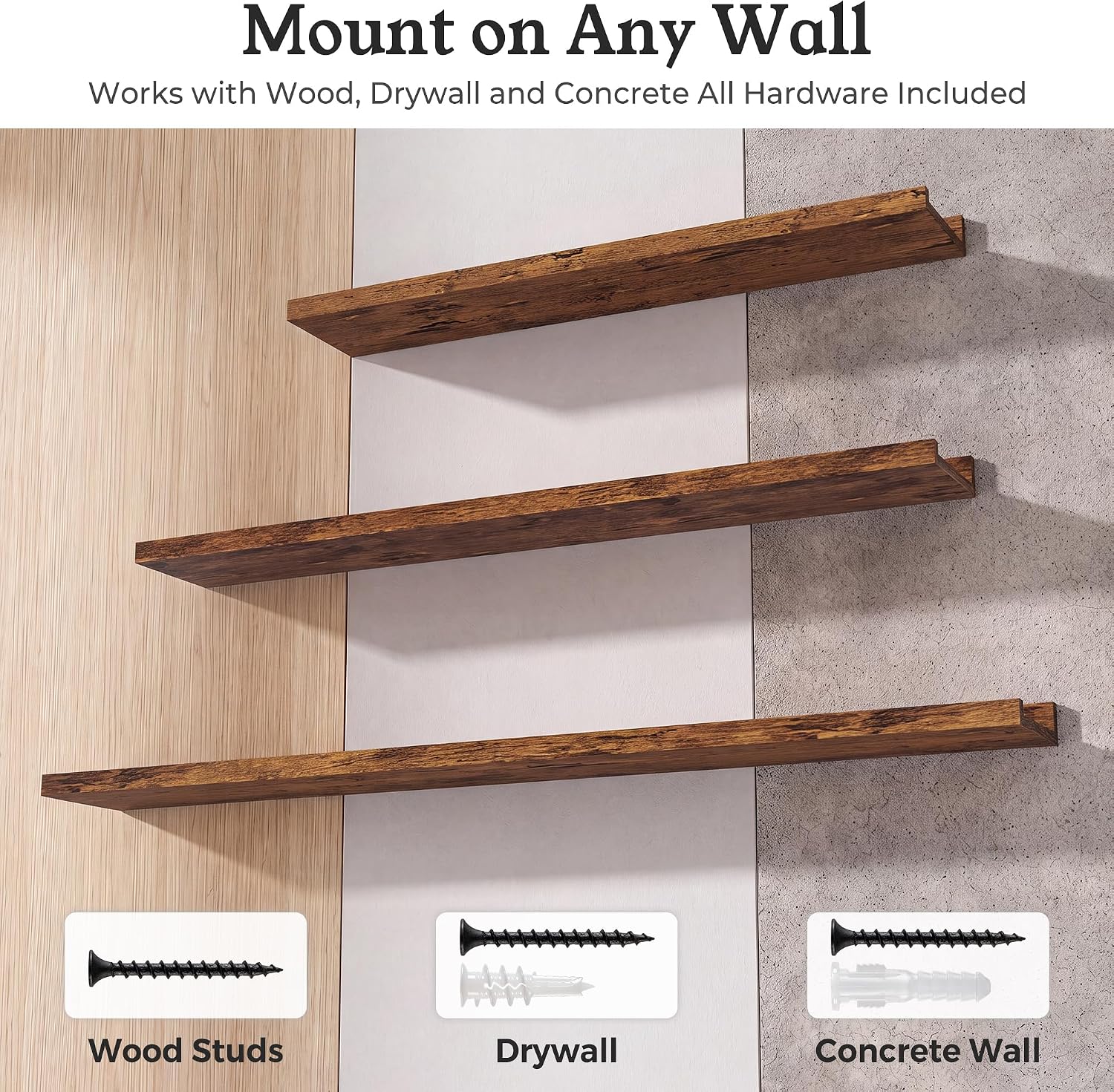 Brown Picture Ledge Shelves for Wall, 4.5" Deep Wood Floating Shelves with Lip for Bedroom, Living Room, 24" Width, Color Brown Set of 2