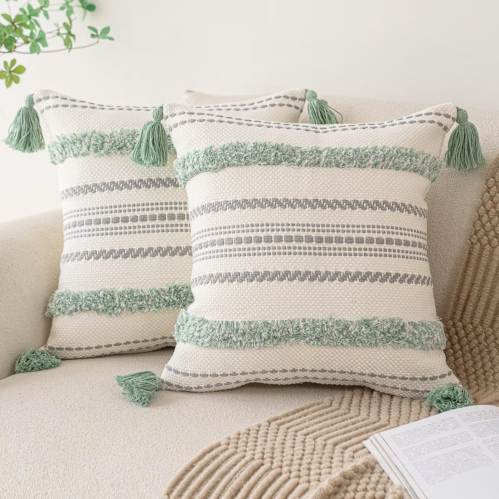 Boho Throw Pillow Covers 18x18 Set of 2 Woven Tufted Farmhouse Pillows Cover with Tassels Textured Striped Cushion Case Neutral Pillow Cases