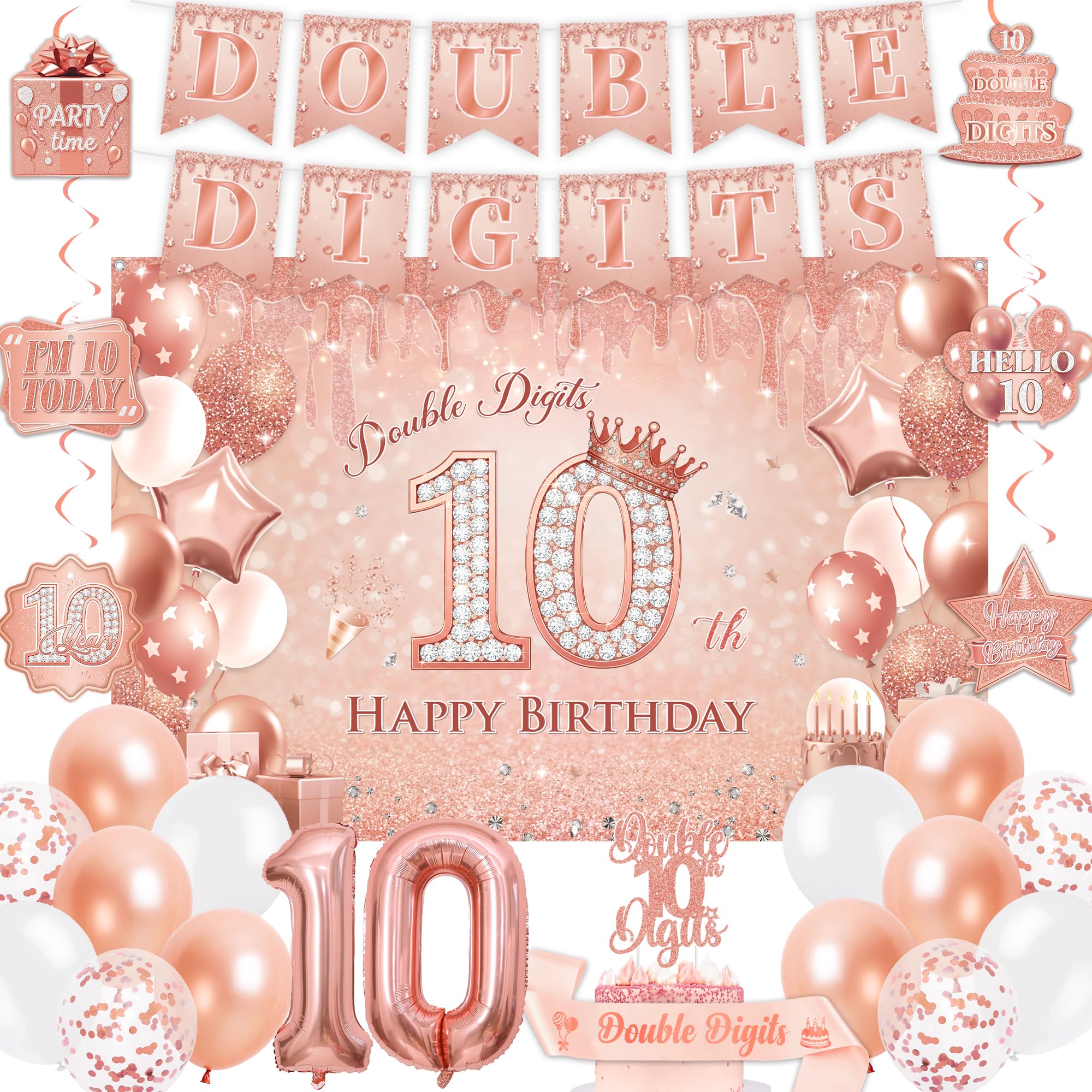 Double Digits 10th Birthday Decorations - Rose Gold Happy 10th Birthday Backdrop Banner Balloons, Hanging Swirls Cake Topper and Sash for Girls 10 Year Old Party
