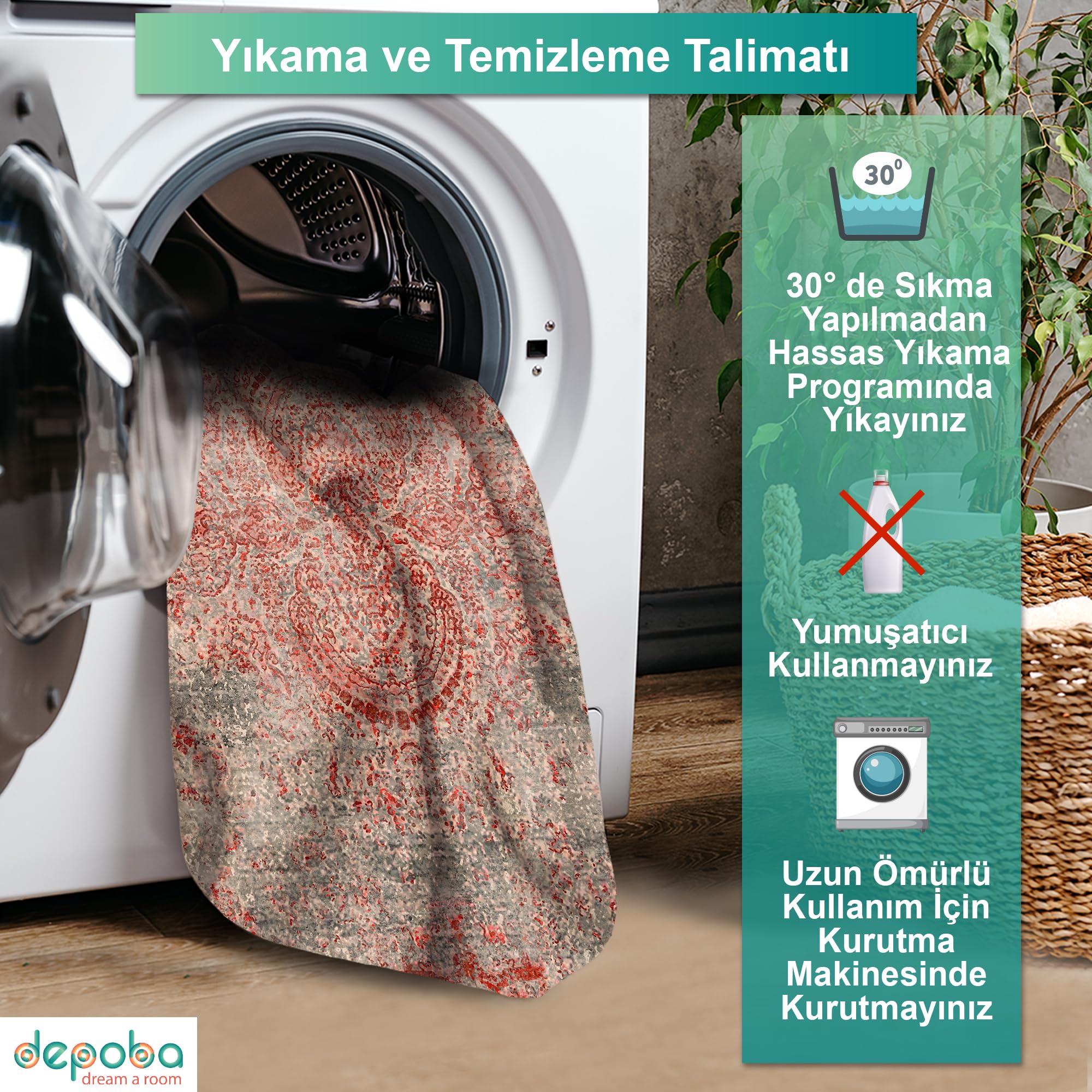 Depoba Bamens Kadife Kaymaz Pamuk Tabanlı Yıkanabilir Antibakteriyel Salon Halısı 100x150