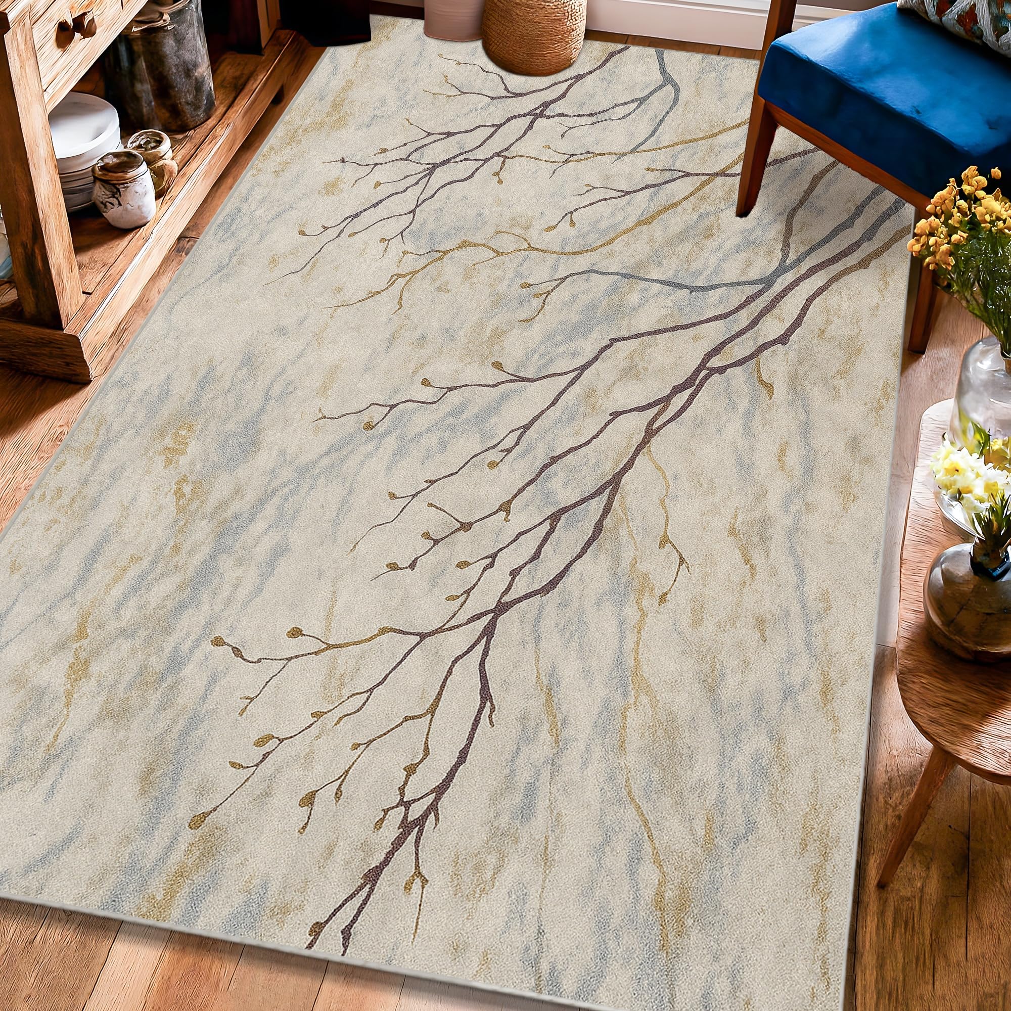 Tapis rectangulaire à imprimé branches beige automnal 1,2x1,8 m