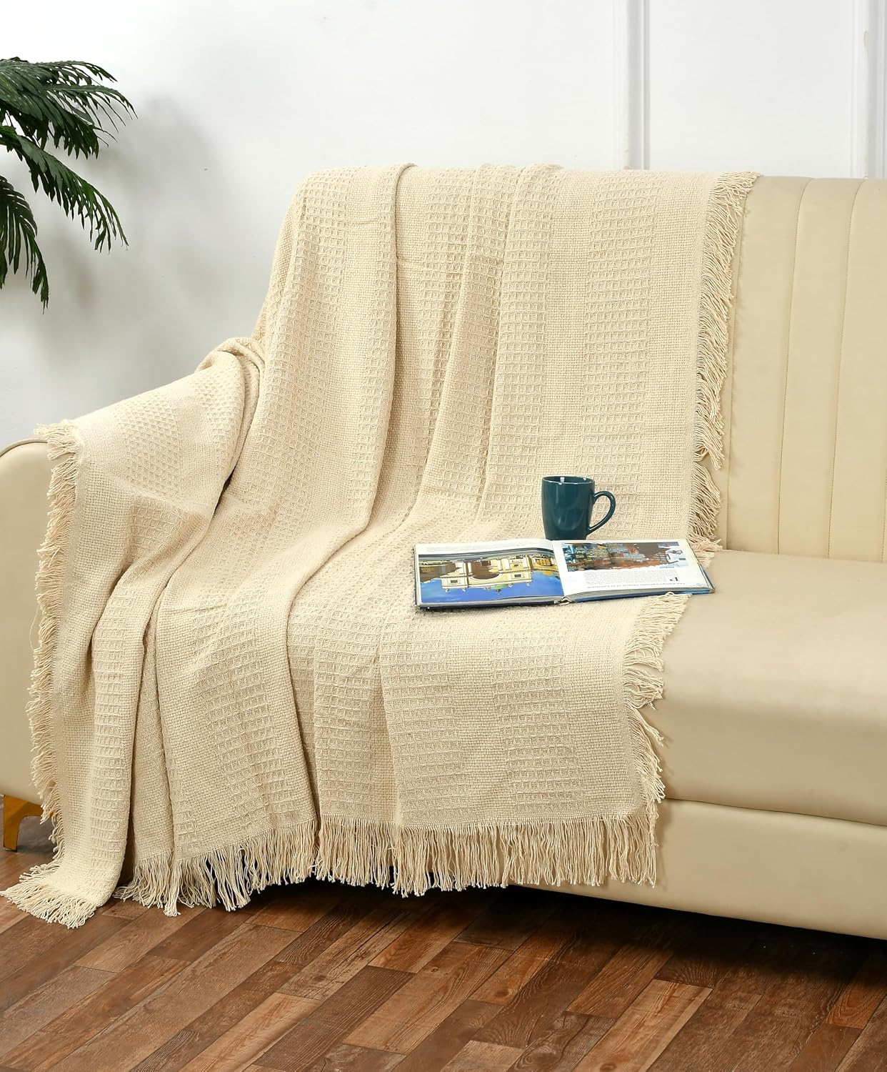 SASHAA WORLD Neutral Cotton Throw for Sofa | Textured Woven Design | Soft, Lightweight & Breathable | Beige Fringed Couch