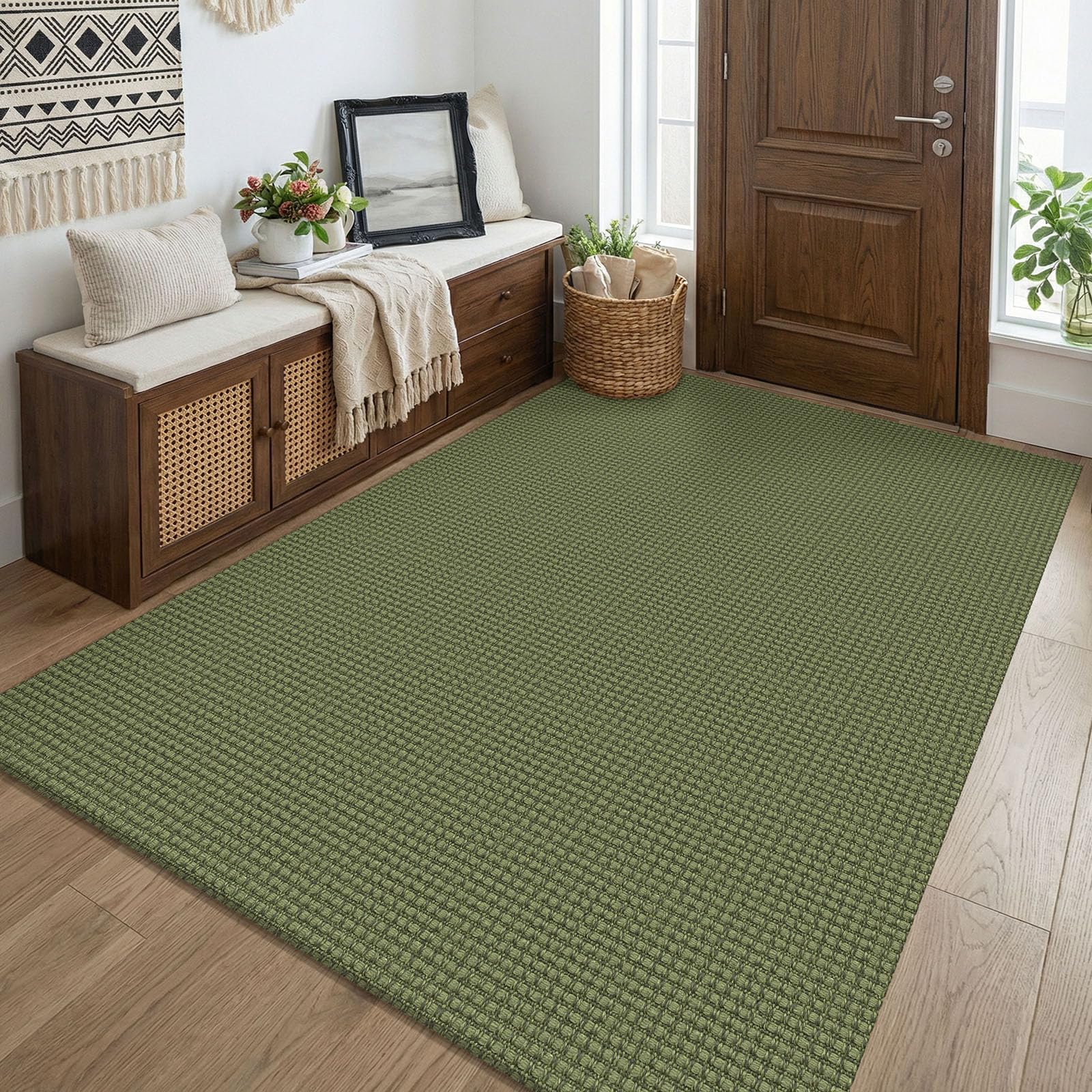 KOZYFLY Washable 4x5 Entry Woven Area Rug, Braided Throw Rugs for Entryway, Non Slip Door Mat Indoor Entrance, Flatweave Carpet for Foyer, Bedroom, Dining, Office, Olive Green/Earthy Green — image 1