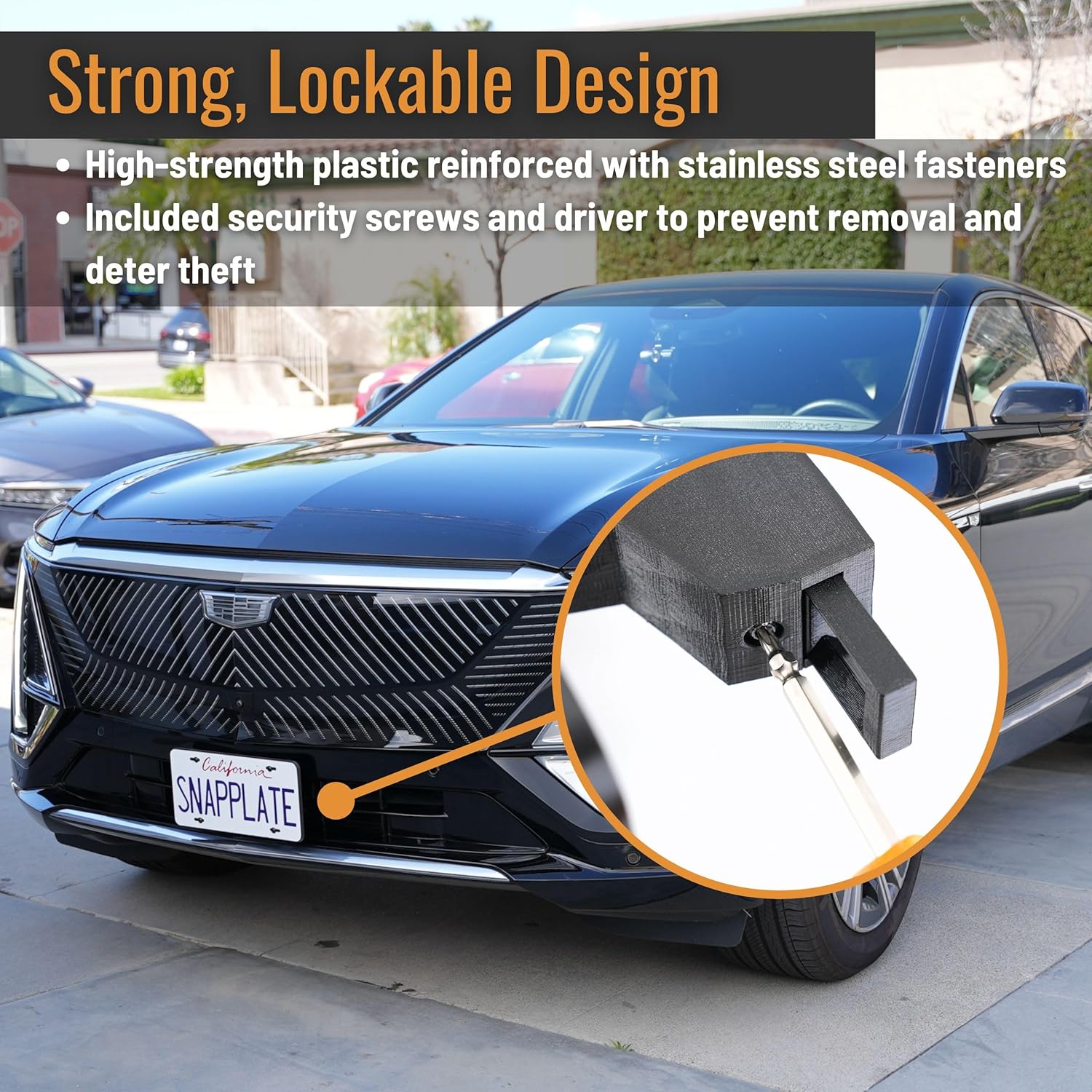 No-Drill Front License Plate Holder for Cadillac Lyriq | Removable, Vehicle & Grille Safe, Lockable Anti-Theft Design, USA Made | 2023-2025 Cadillac Lyriq | SnapPlate by EveryAmp