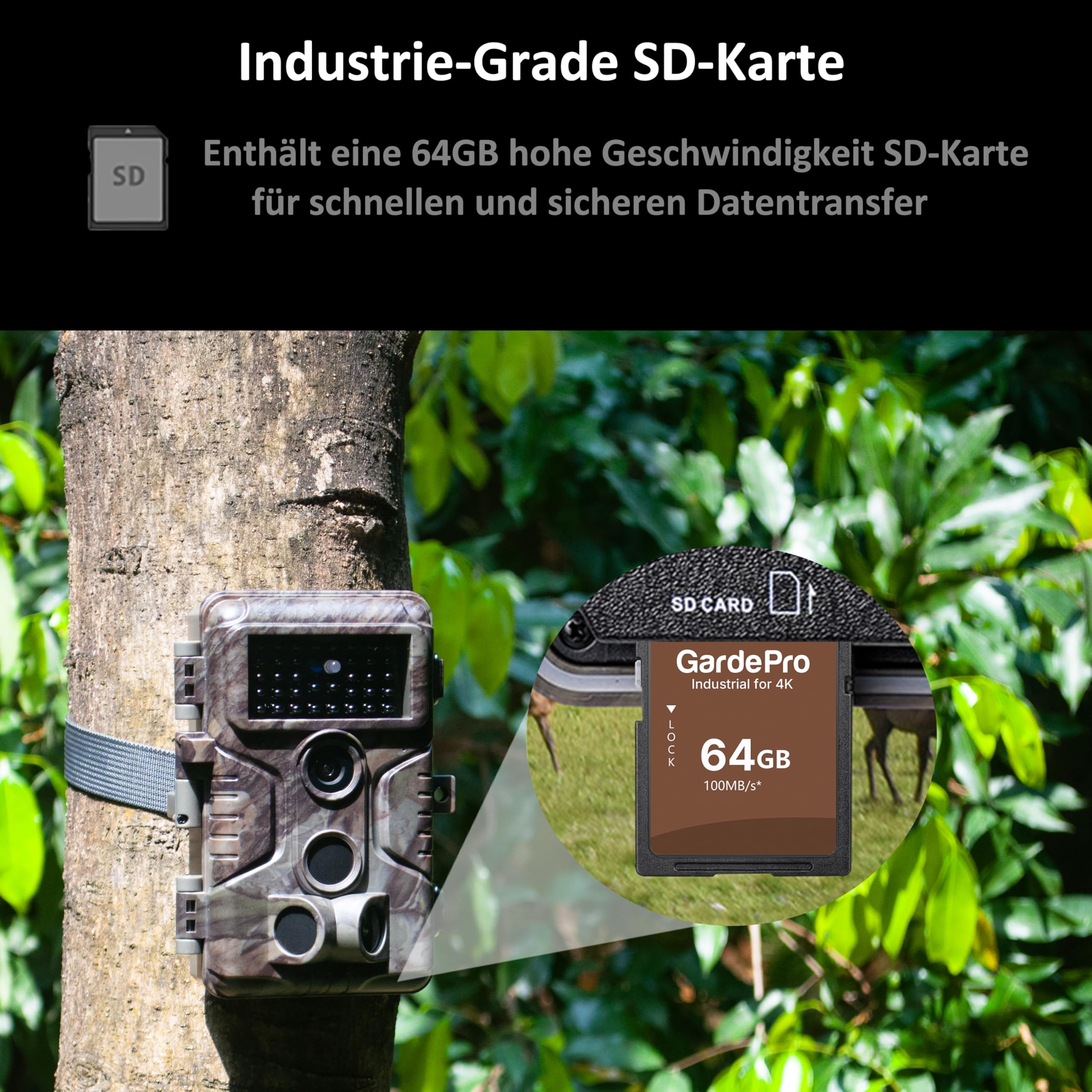 GardePro A3S Wildkamera mit 64GB SD-Karte, 64MP 1296P H.264 Video Wildtierkamera mit Klarer 30m No Glow Infrarot, 0.1s Schnelle Trigger Nachtsicht Bewegungsmelder, 120° Erfassungswinkel, IP66