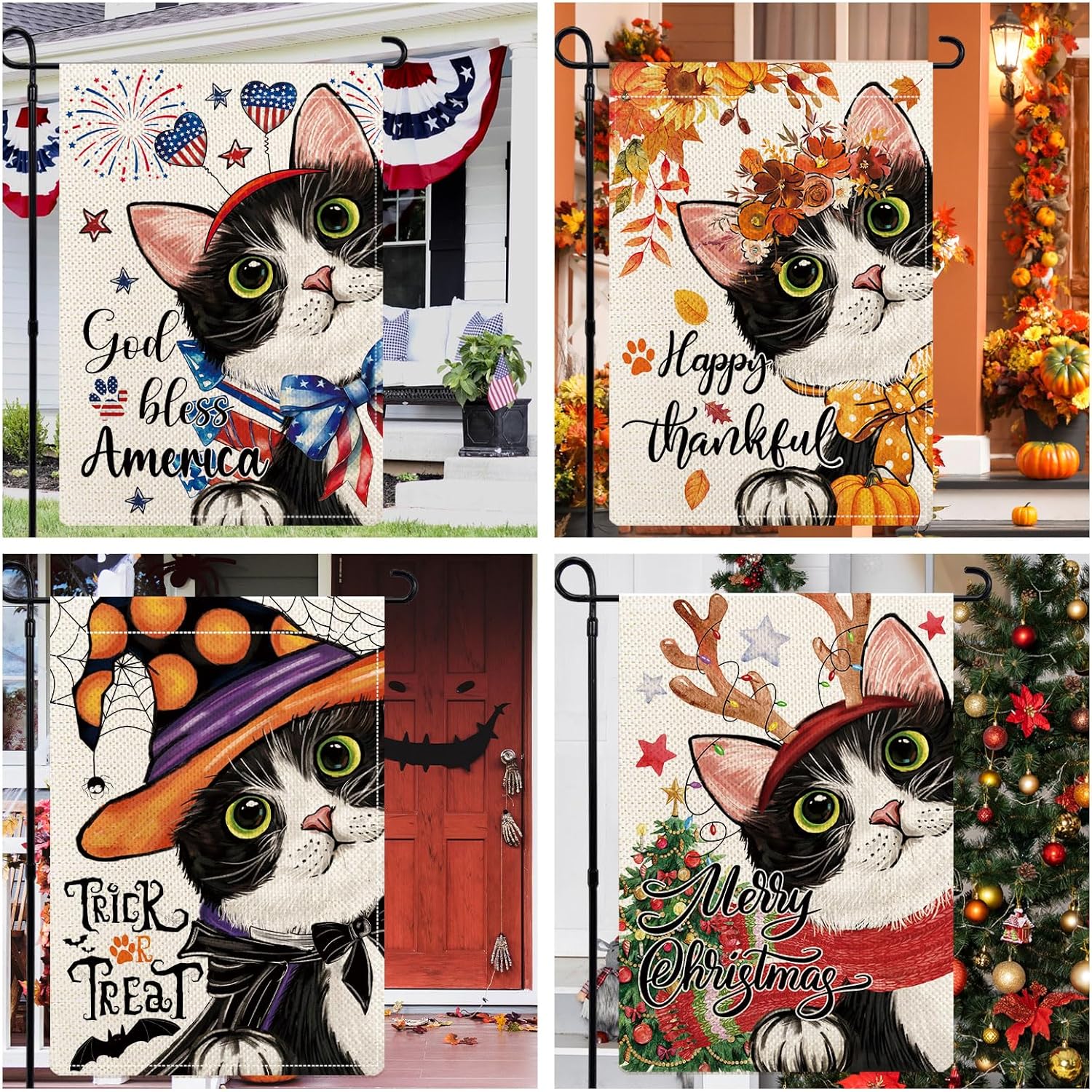 Cute Black Cat Garden Flags for Outside Set of 12, Welcome Seasonal Garden Flags 12x18 Double Sided, Kitten Yard Flags for All Seasons and Holidays, Winter Spring Yard Flag for Holiday Decor - Image 3