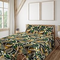 Vista 1 de Ambesonne Forest Sheet Set, Fantasy Jungle Floral Ornaments and Leaves Exotic Print Artwork, Fitted and Flat Sheet with Pillowcases Bedding Accent 4
