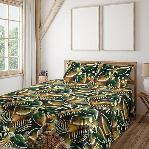 Ambesonne Forest Sheet Set, Fantasy Jungle Floral Ornaments and Leaves Exotic Print Artwork, Fitted and Flat Sheet with Pillowcases Bedding Accent 4