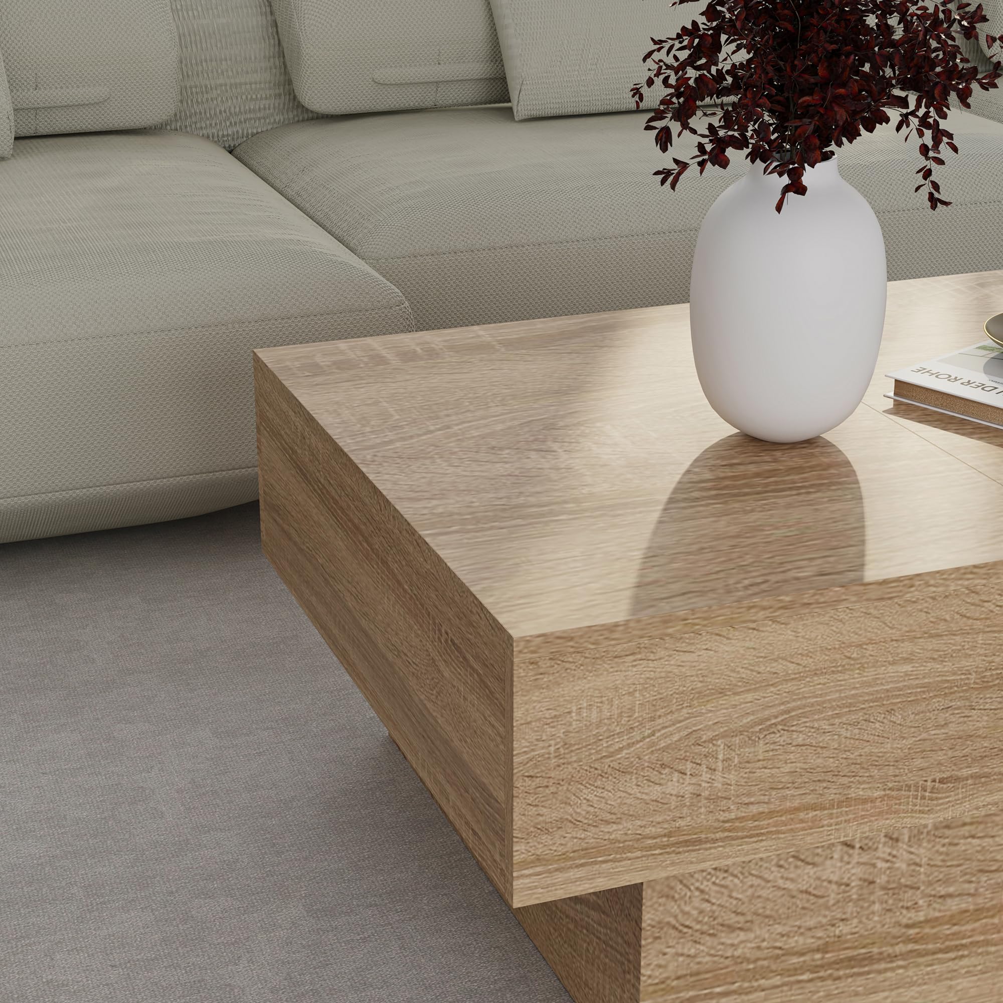 [en.casa] Tavolino da Caffè con Piano Rettangolare Scorrevole e 2 Scomparti Tavolo Basso Centrale da Salotto a 2 Vani Portaoggetti Chiusi 80 x 60 x 36 cm per Soggiorno - Effetto Rovere