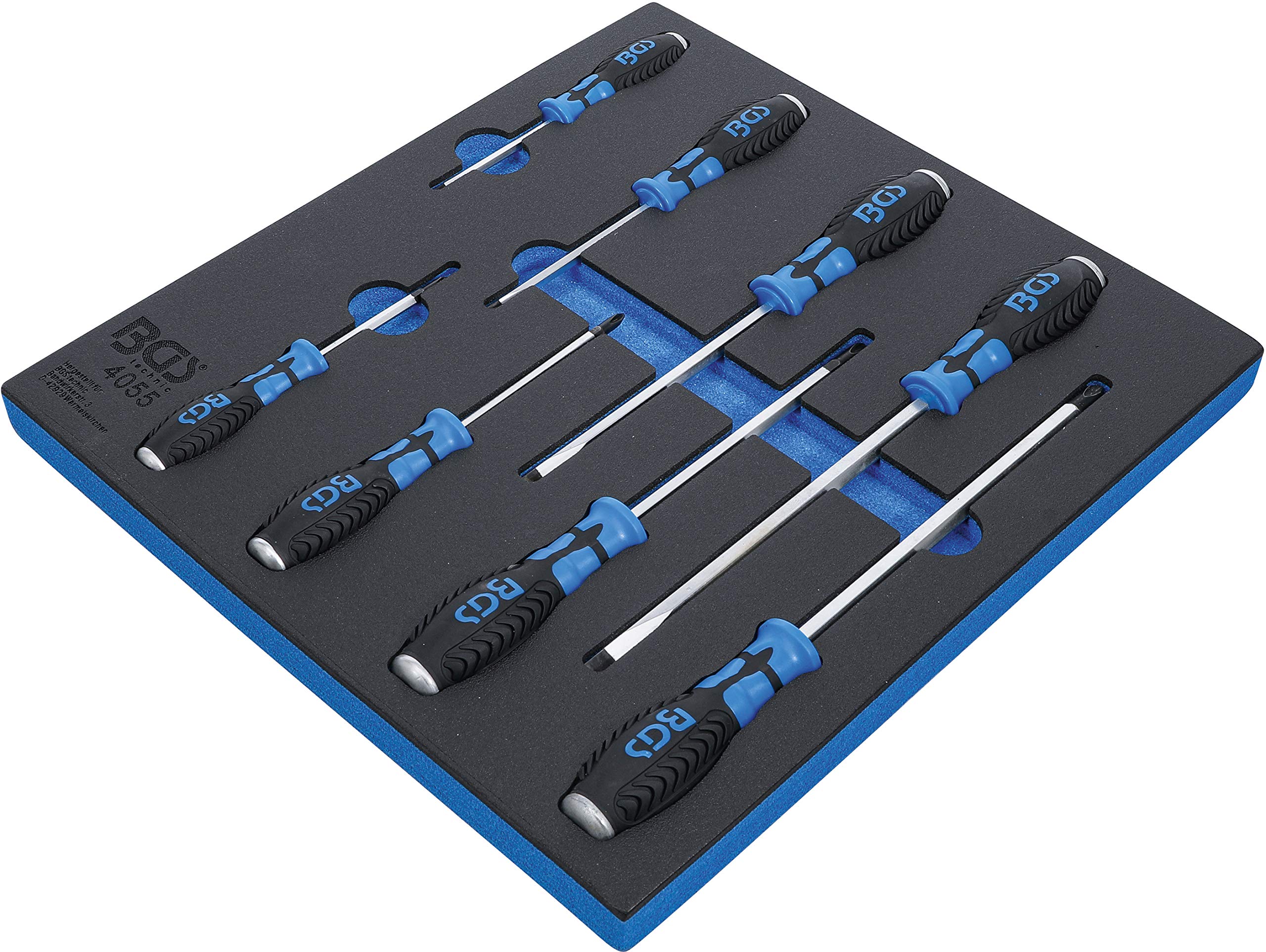 BGS 4055 | Bandeja para carro 2/3: Destornilladores planos y en cruz | 8 piezas | PH1, PH2, PH3, PH4 | Ranura 5, 6, 8, 10 mm | Mango de 2 componentes | Tracción cuadrada de 6,3 mm (1/4")