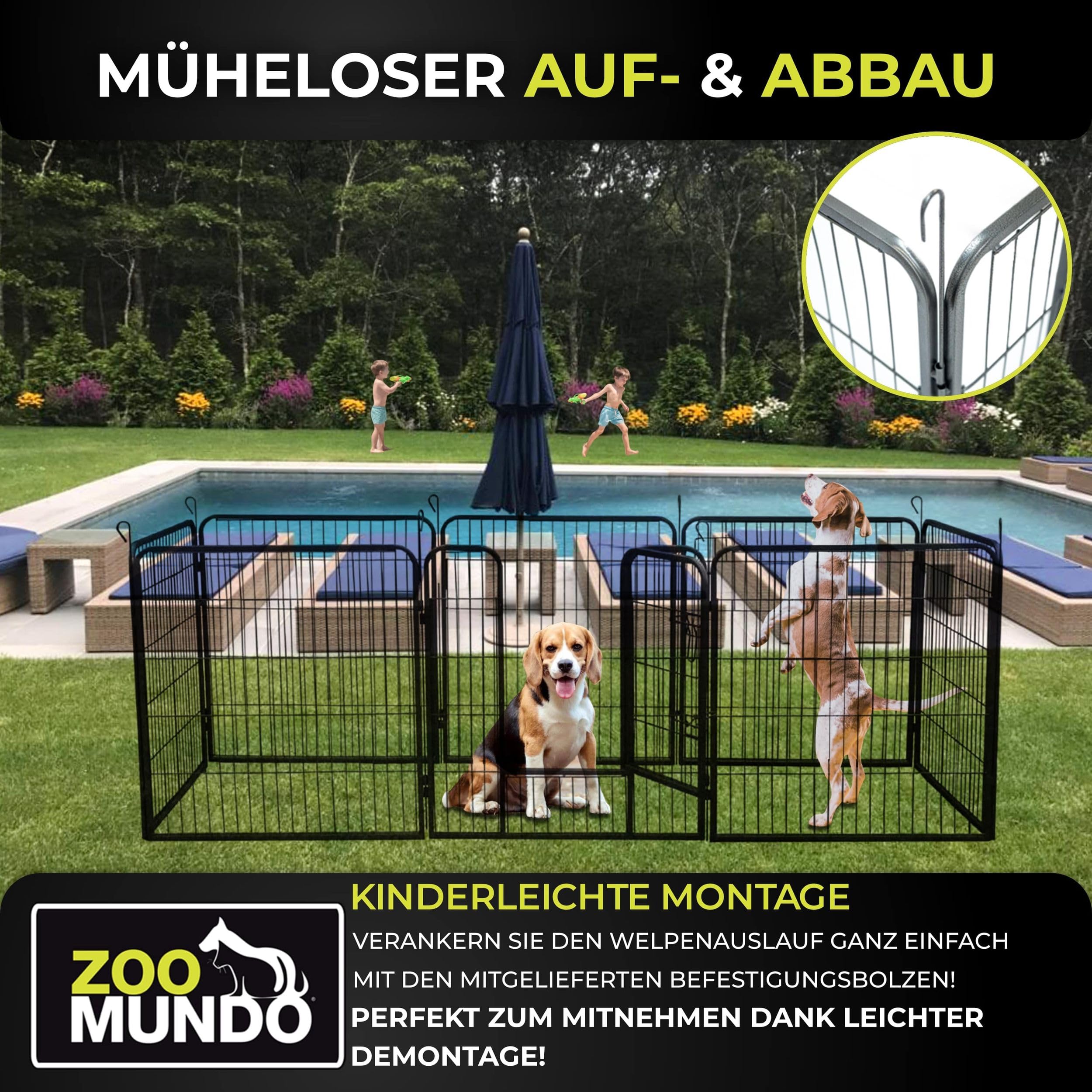 zoomundo Welpenauslauf 100cm hoch XL Laufgitter Tierlaufstall Welpenkäfig Absperrgitter Freilaufgehege Welpenzaun 8-Eck - Black Edition